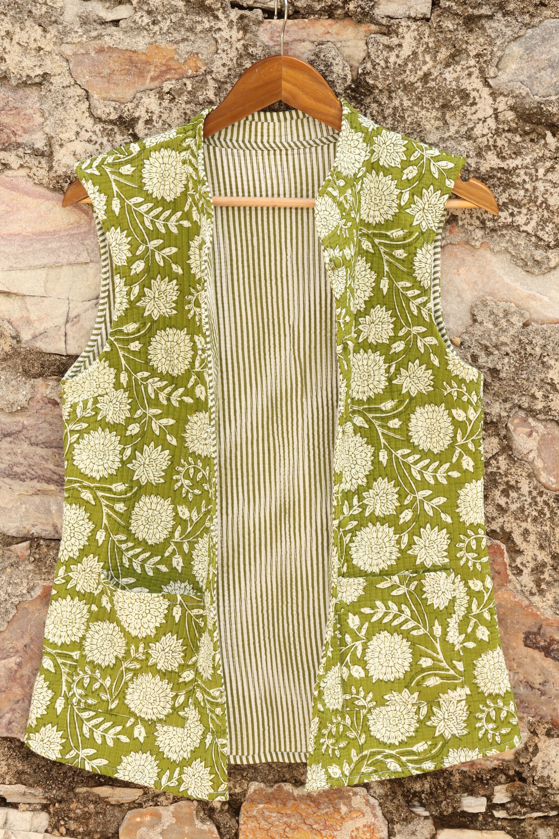 Hand Block Printed Floral Cotton Quilted Jacket- Green & White - Bohoblockprinted