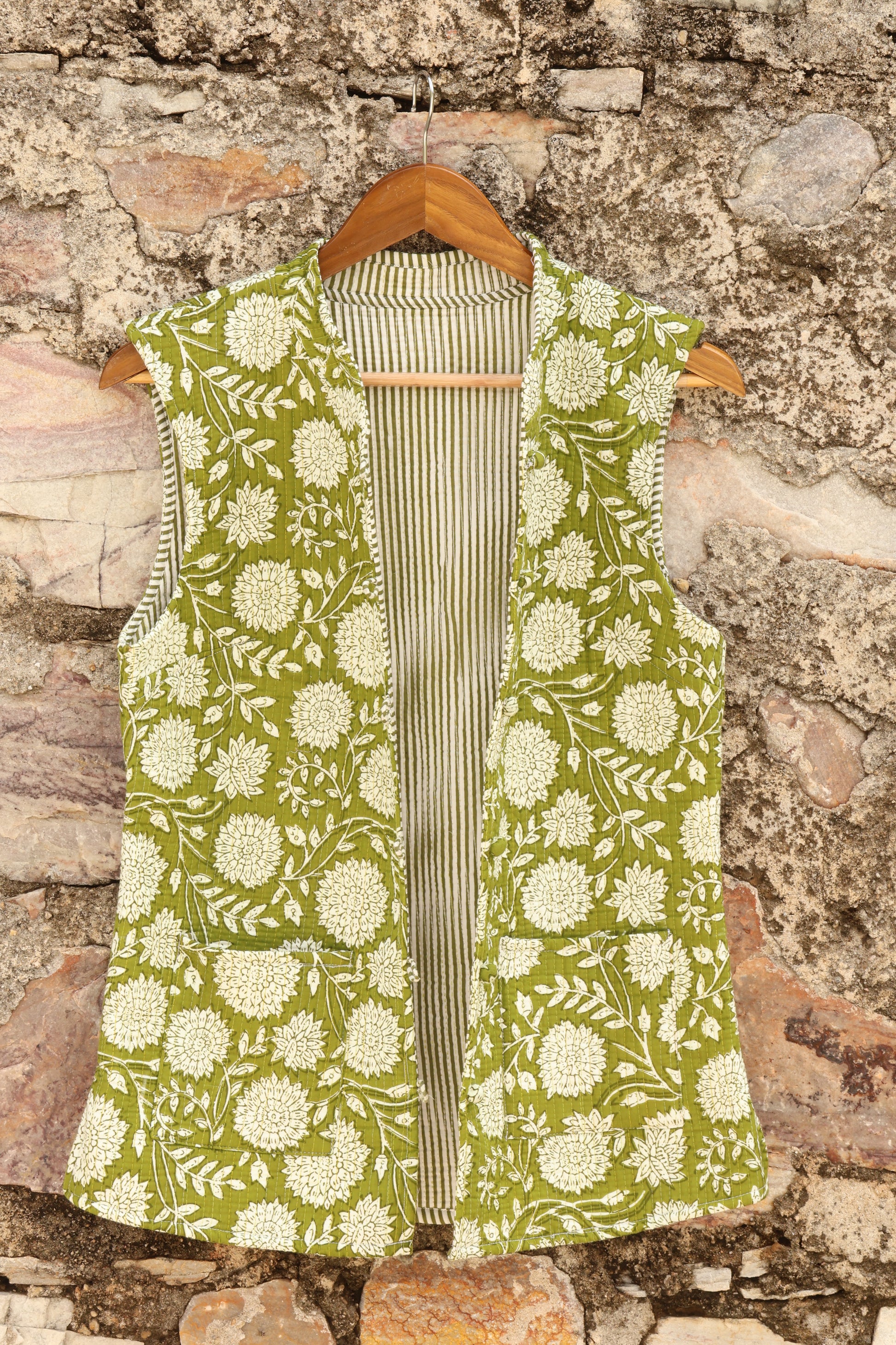 Hand Block Printed Floral Cotton Quilted Jacket- Green & White - Bohoblockprinted