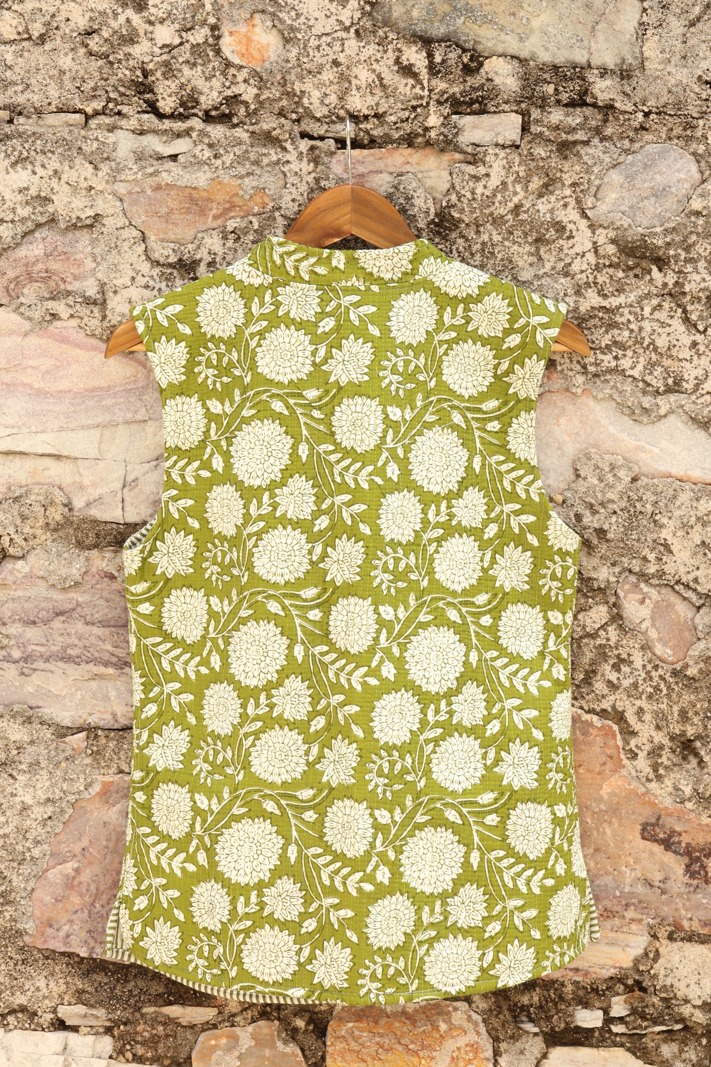 Hand Block Printed Floral Cotton Quilted Jacket- Green & White - Bohoblockprinted