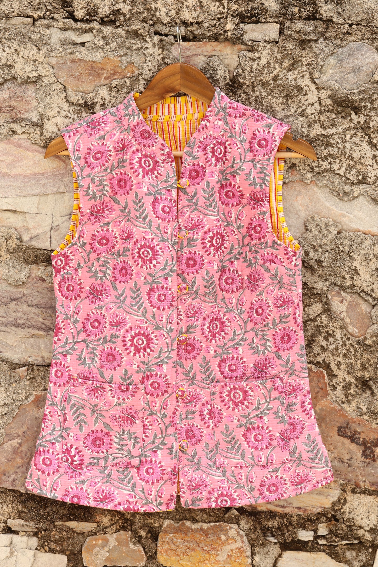 Hand Block Printed Floral Cotton Quilted Jacket - Pink - Bohoblockprinted