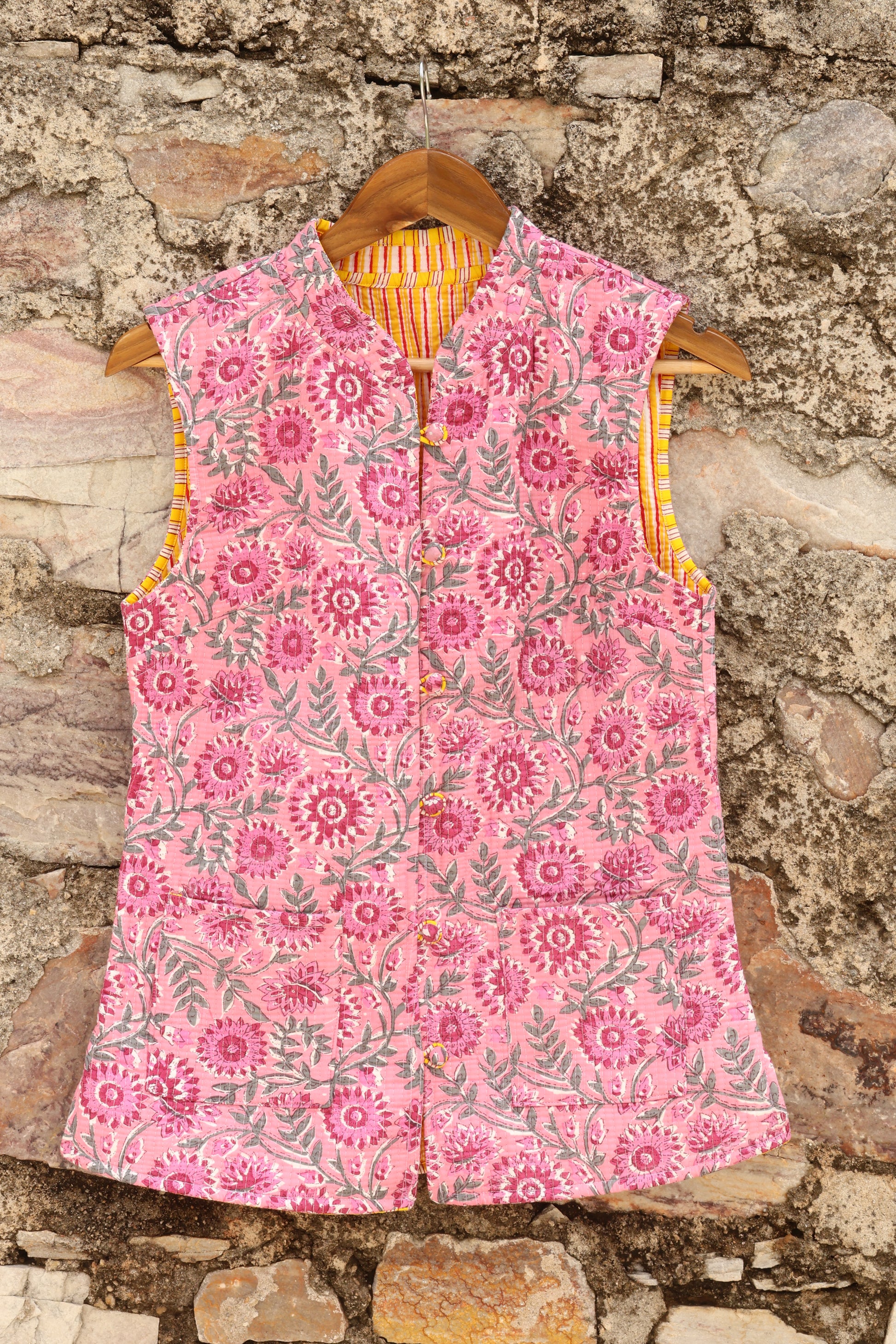 Hand Block Printed Floral Cotton Quilted Jacket - Pink - Bohoblockprinted