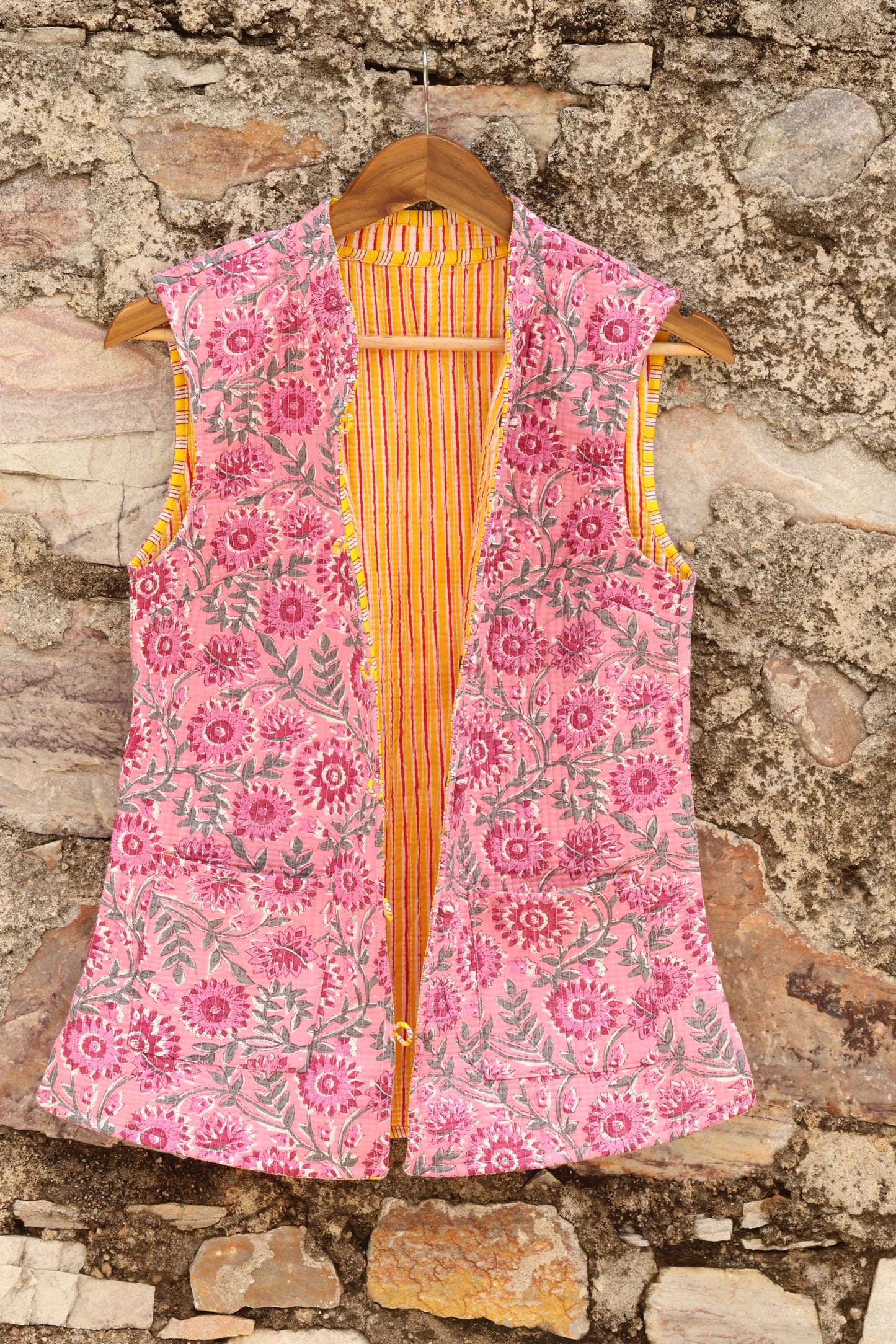 Hand Block Printed Floral Cotton Quilted Jacket - Pink - Bohoblockprinted