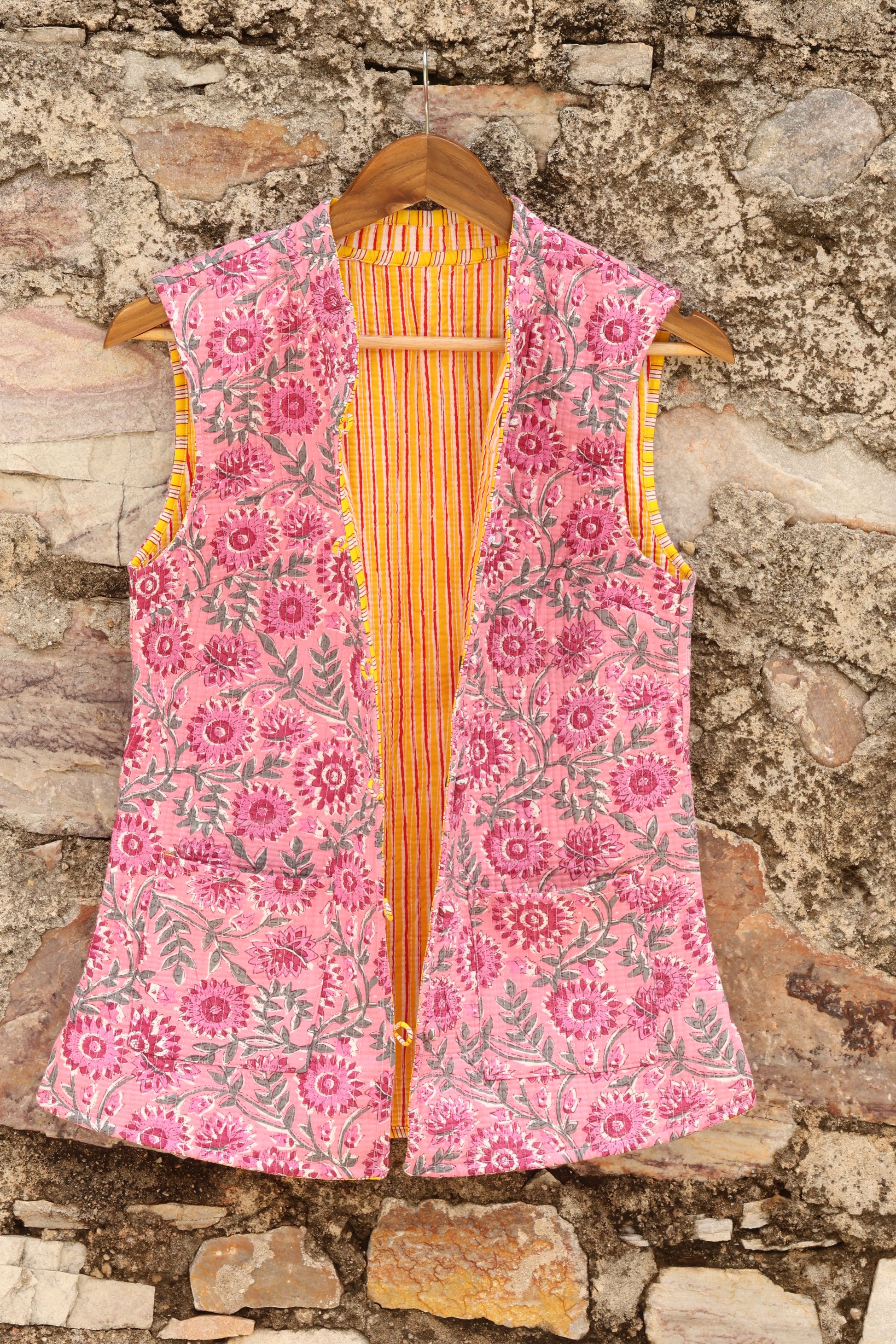 Hand Block Printed Floral Cotton Quilted Jacket - Pink - Bohoblockprinted