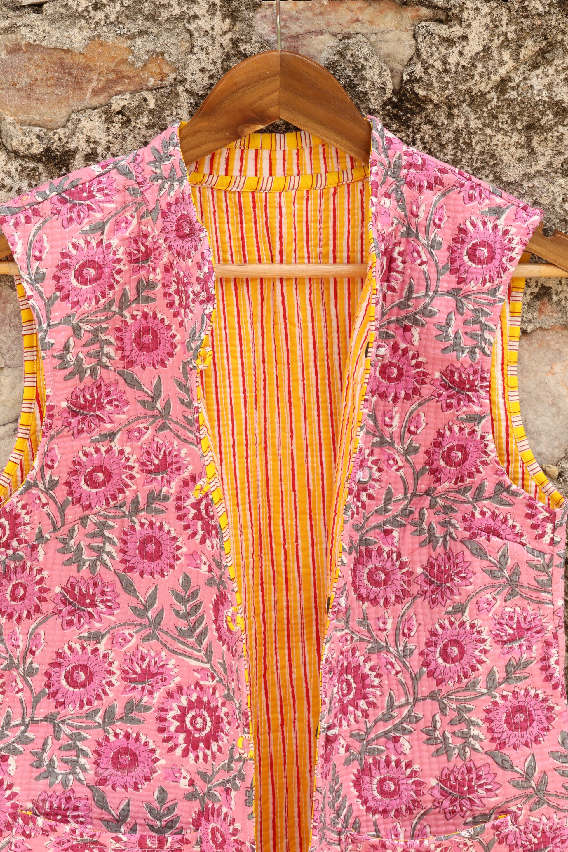 Hand Block Printed Floral Cotton Quilted Jacket - Pink - Bohoblockprinted