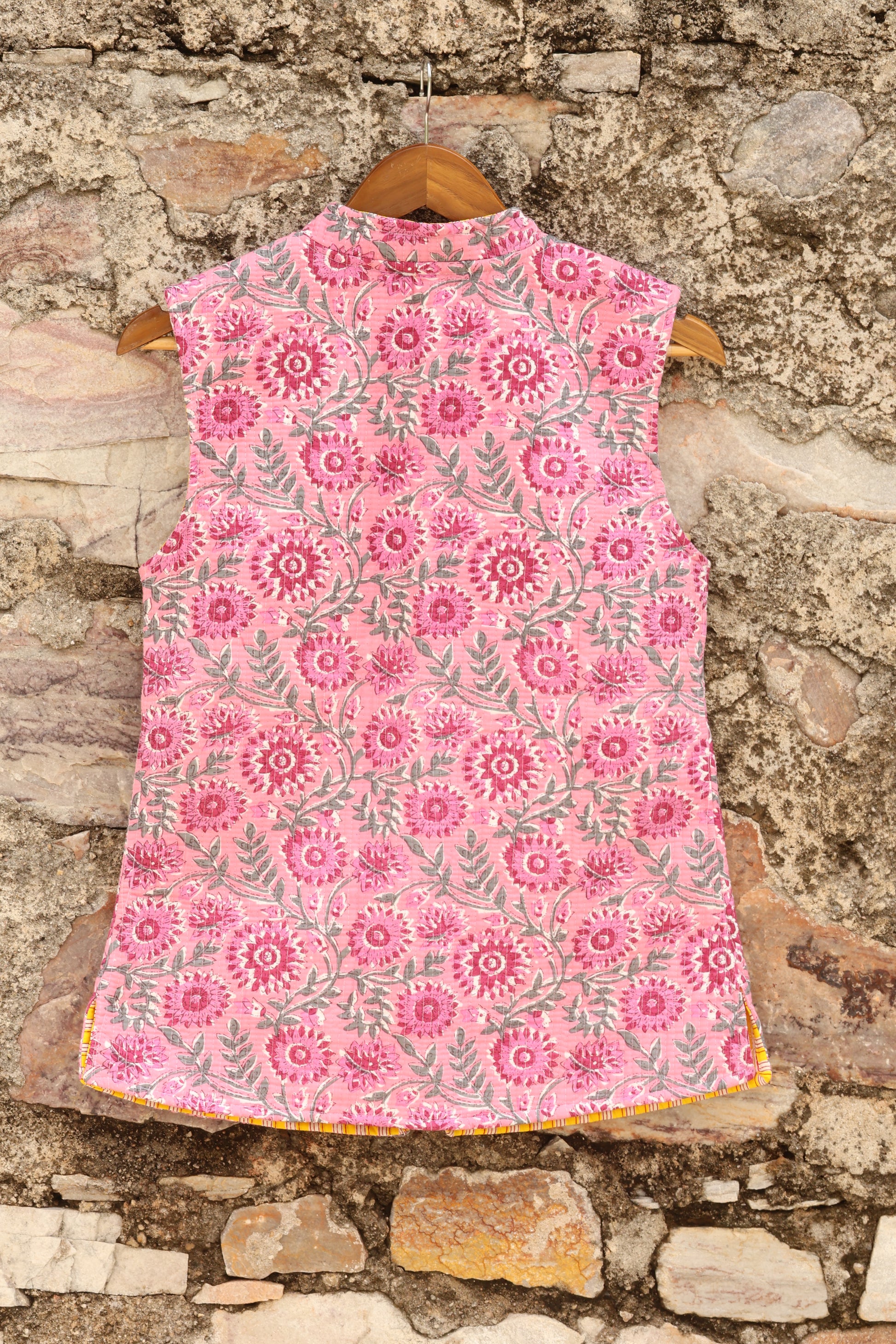 Hand Block Printed Floral Cotton Quilted Jacket - Pink - Bohoblockprinted