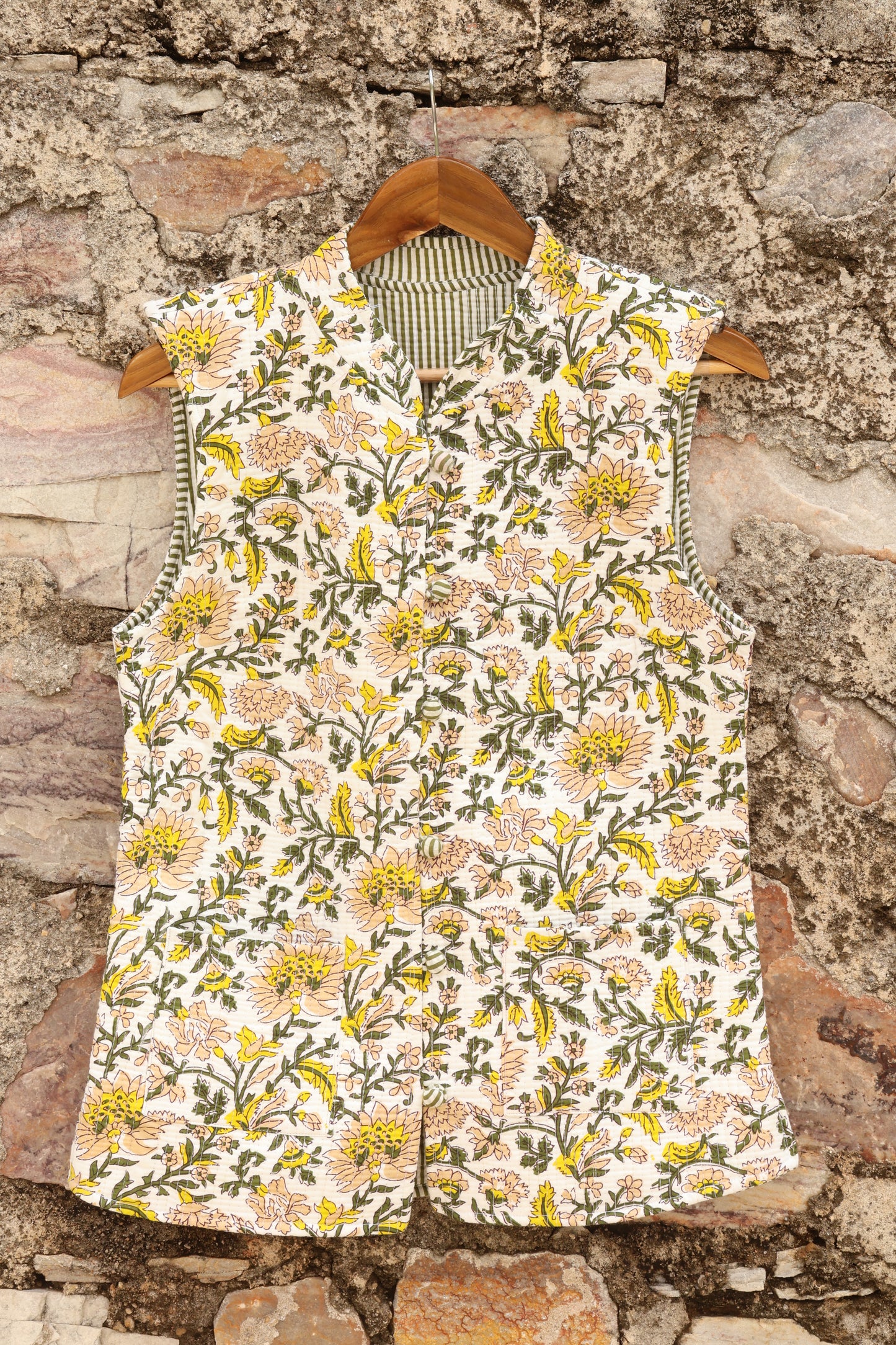 Hand Block Printed Cotton Quilted Jacket - White & Yellow - Bohoblockprinted