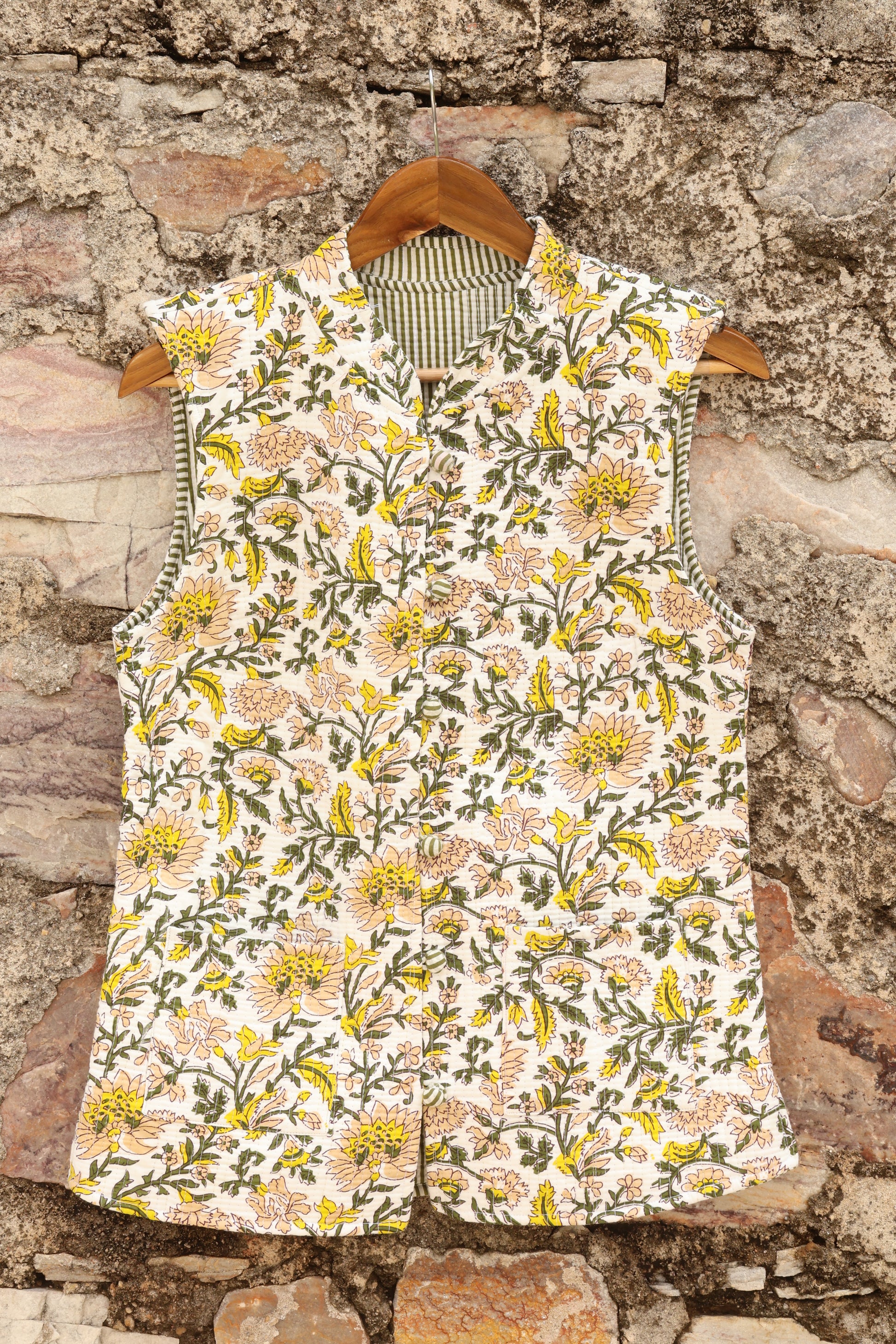 Hand Block Printed Cotton Quilted Jacket - White & Yellow - Bohoblockprinted