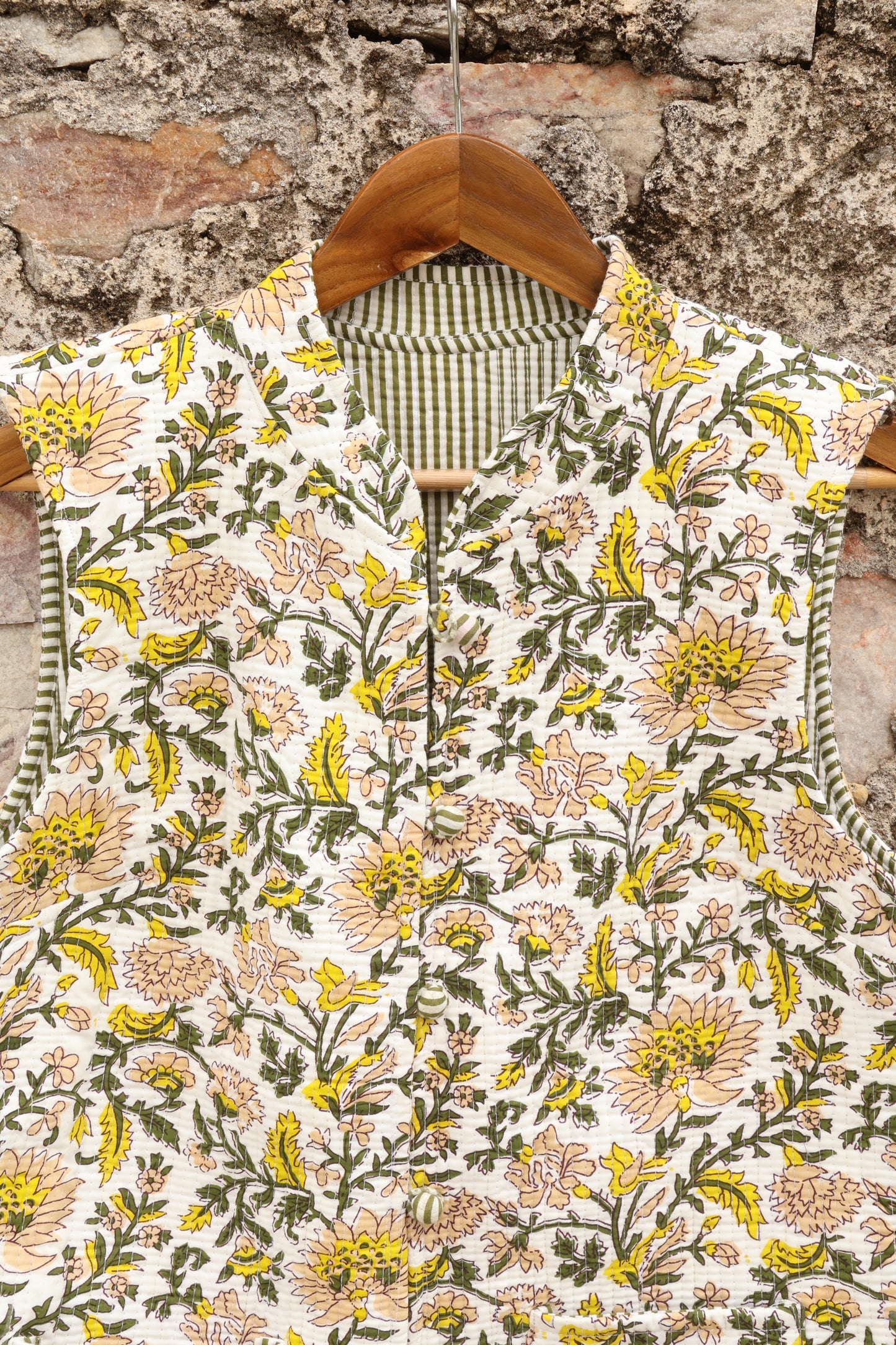 Hand Block Printed Cotton Quilted Jacket - White & Yellow - Bohoblockprinted