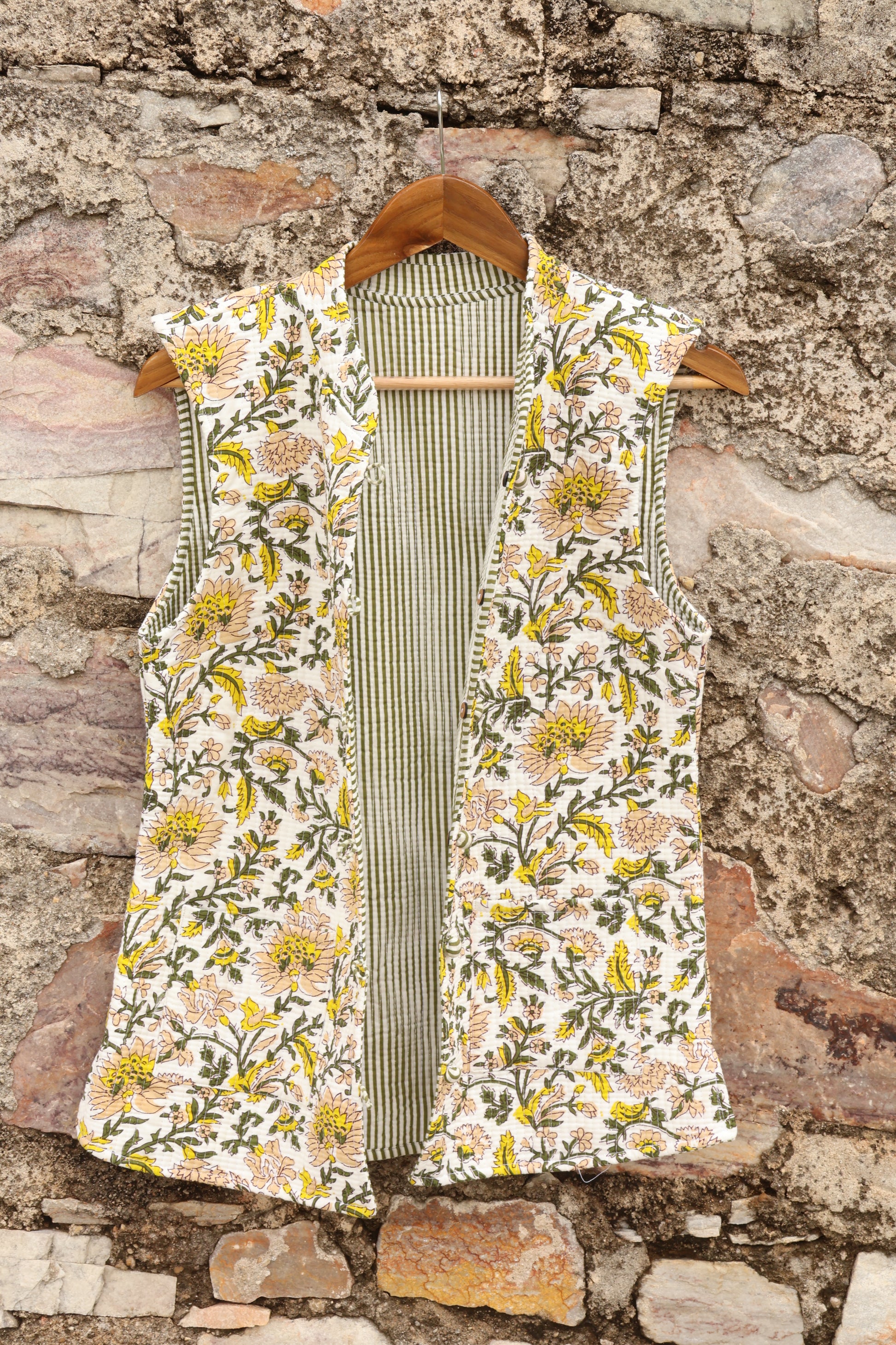 Hand Block Printed Cotton Quilted Jacket - White & Yellow - Bohoblockprinted