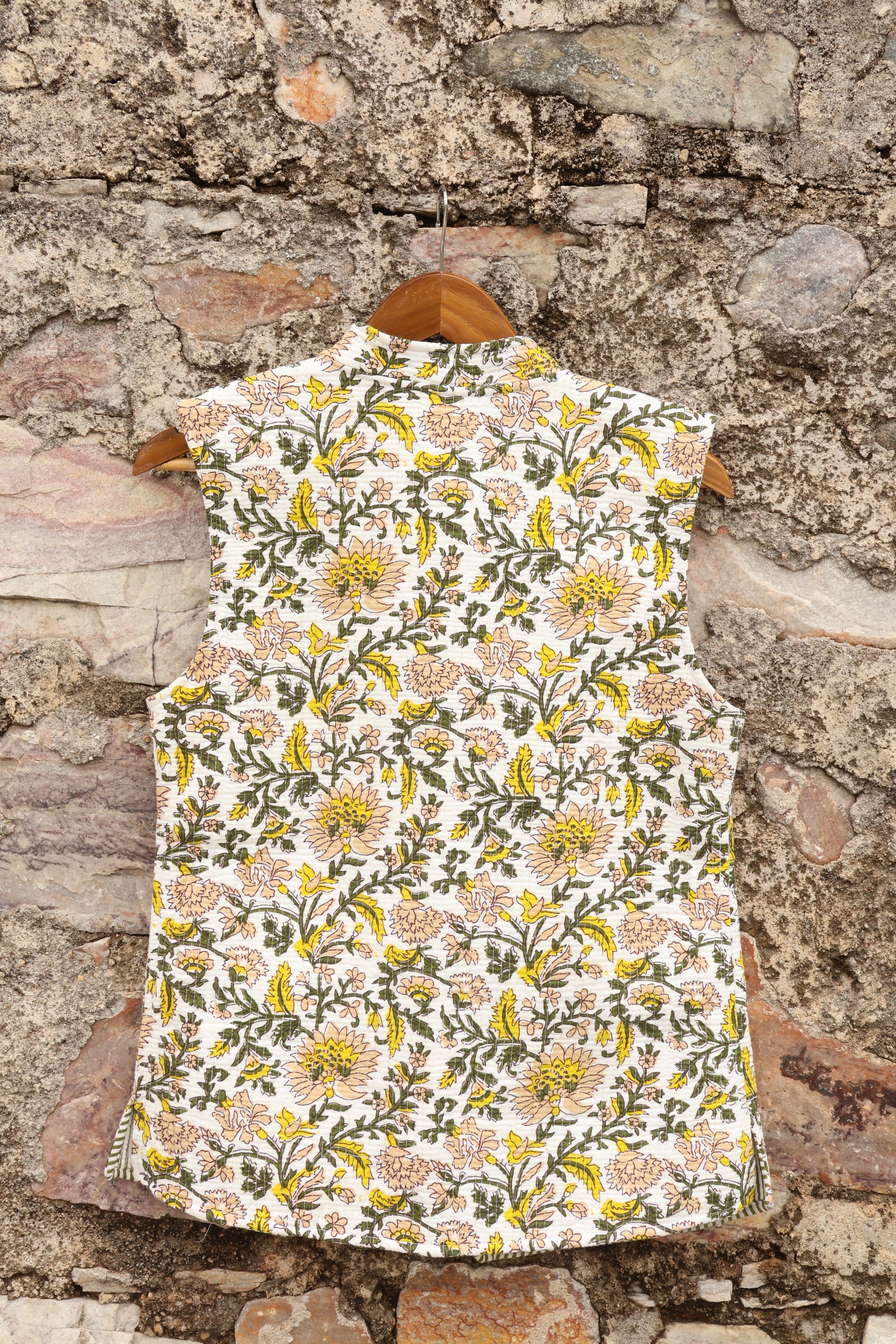 Hand Block Printed Cotton Quilted Jacket - White & Yellow - Bohoblockprinted