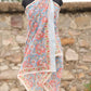Handblock printed cotton sarong with coral floral design on blue