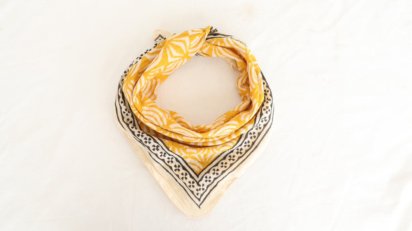 Hand Block Printed Cotton Bandana – Mustard Yellow Boho Scarf