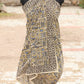 Handblock printed cotton sarong with tribal and geometric motifs in mustard, blue, and black
