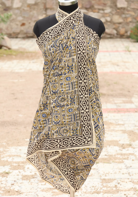 Handblock printed cotton sarong with tribal and geometric motifs in mustard, blue, and black