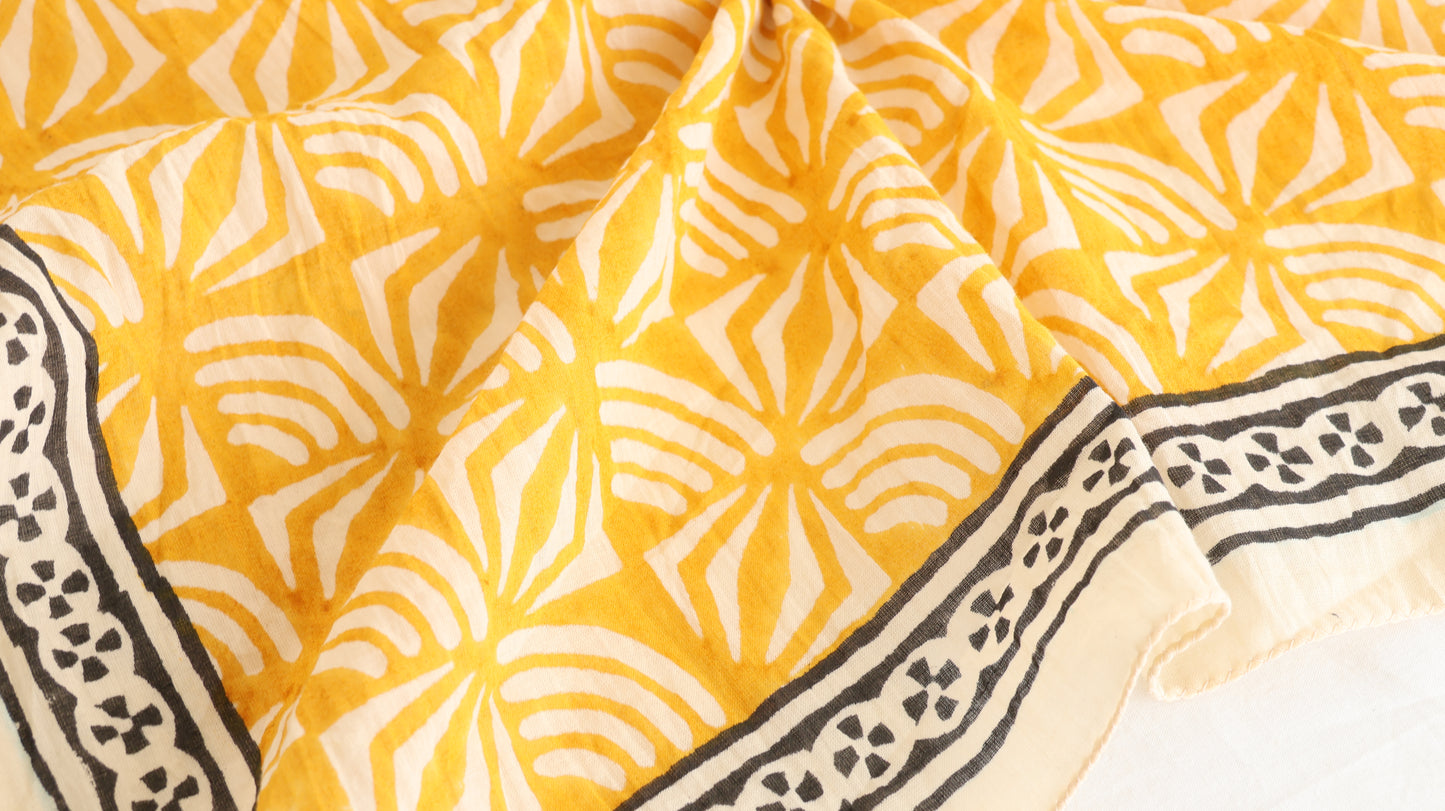 Hand Block Printed Cotton Bandana – Mustard Yellow Boho Scarf