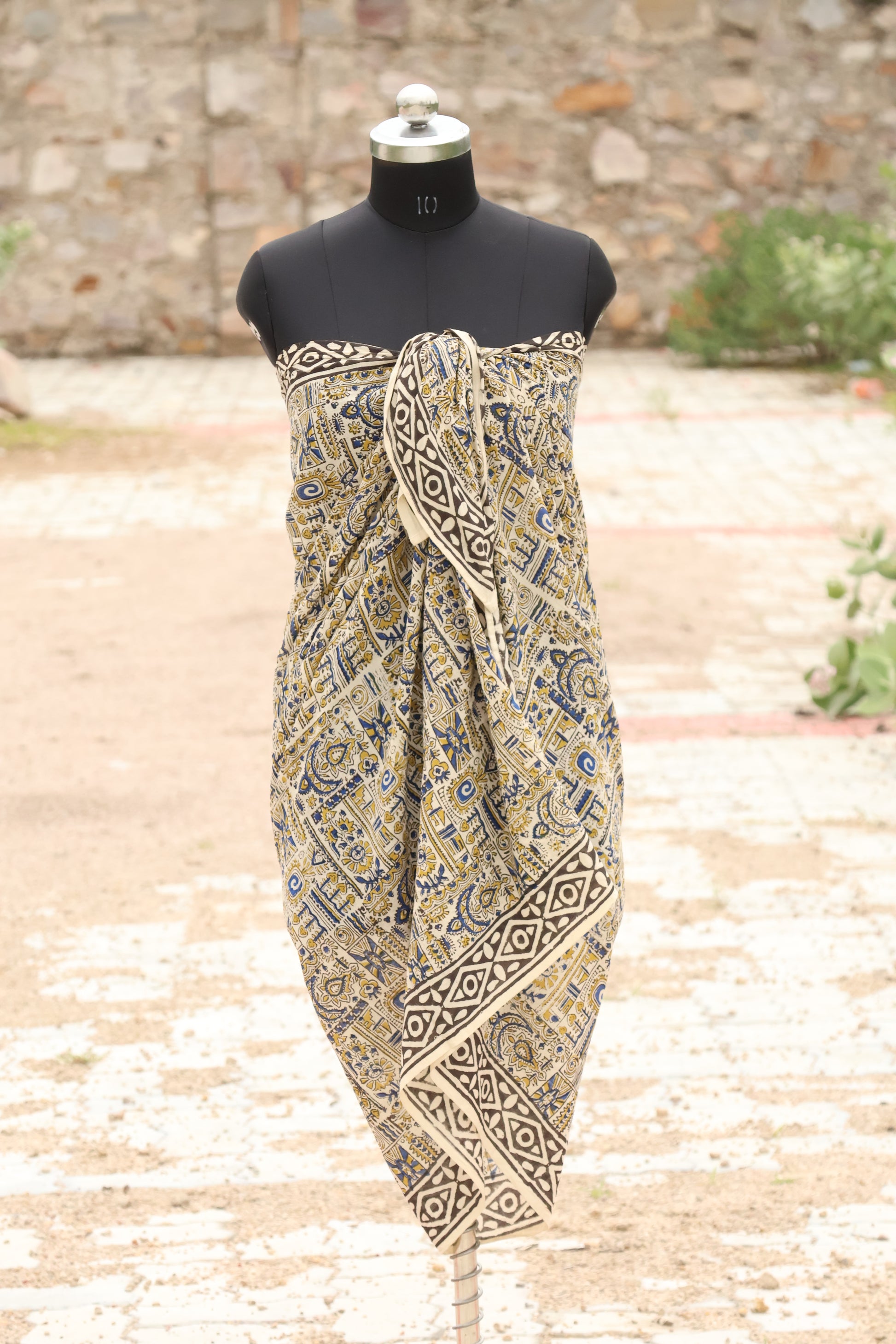 Handblock printed cotton sarong with tribal and geometric motifs