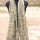 cotton sarong with tribal and geometric motifs in mustard, blue, and black