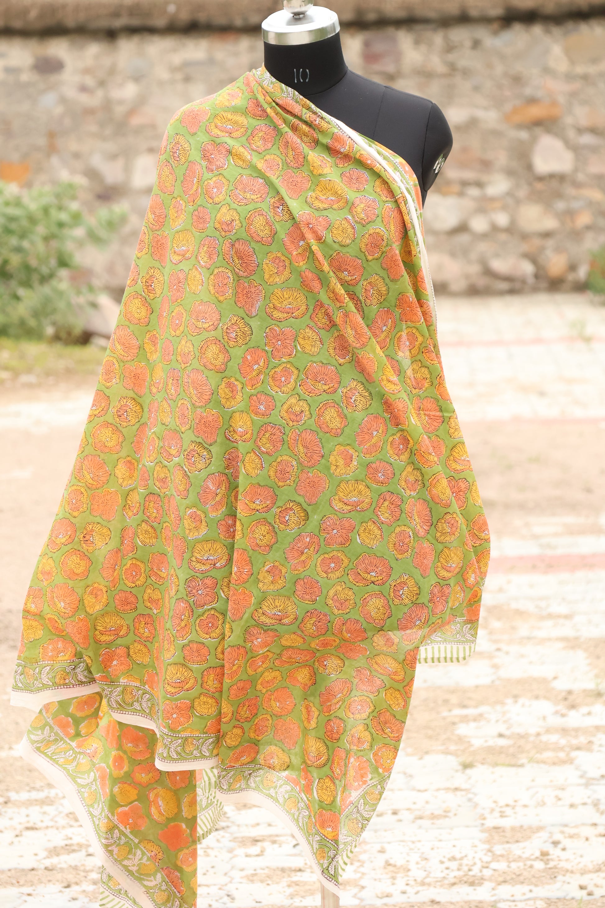Green and white handblock printed cotton bandana with floral pattern