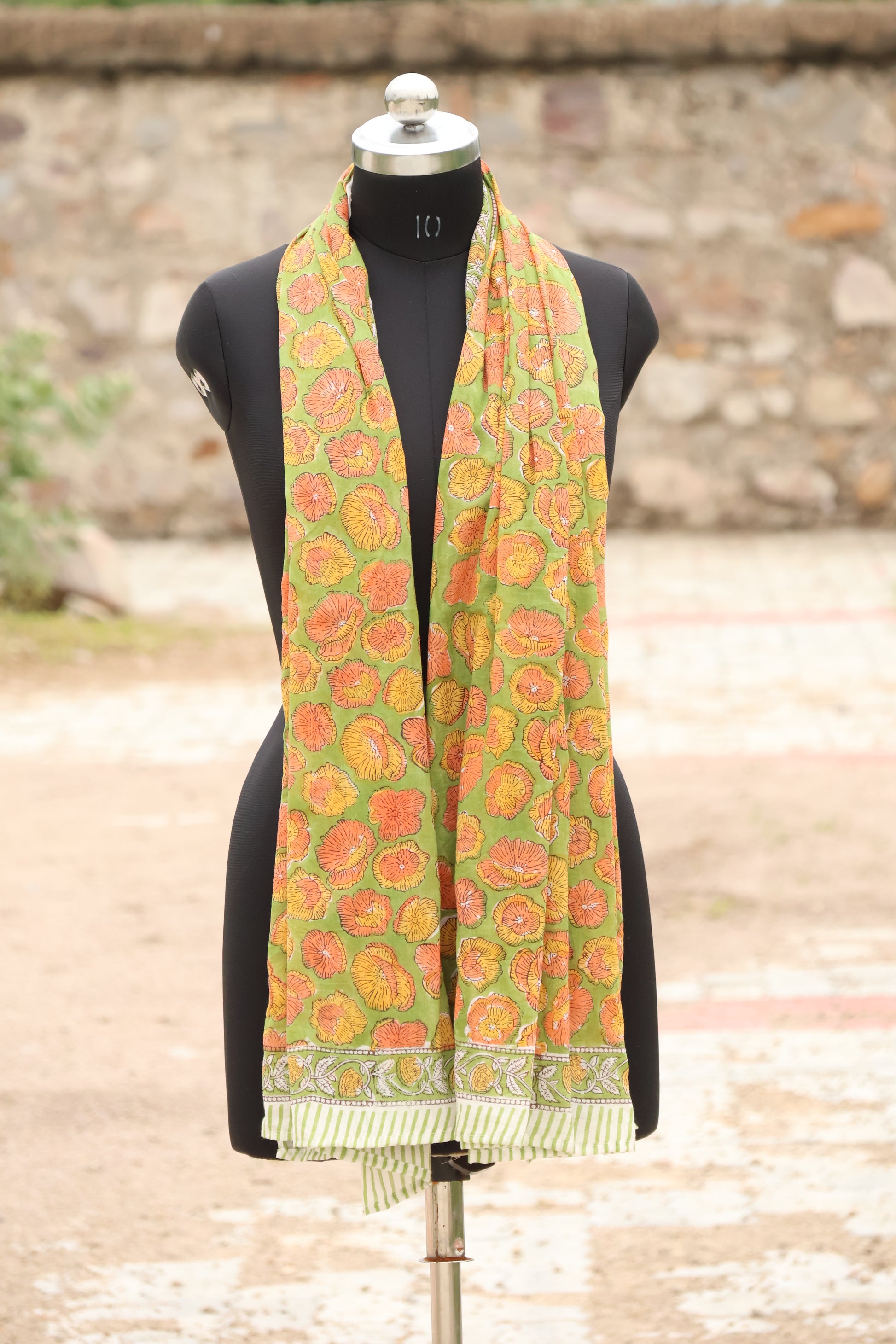 Green and ORANGE handblock printed cotton bandana 