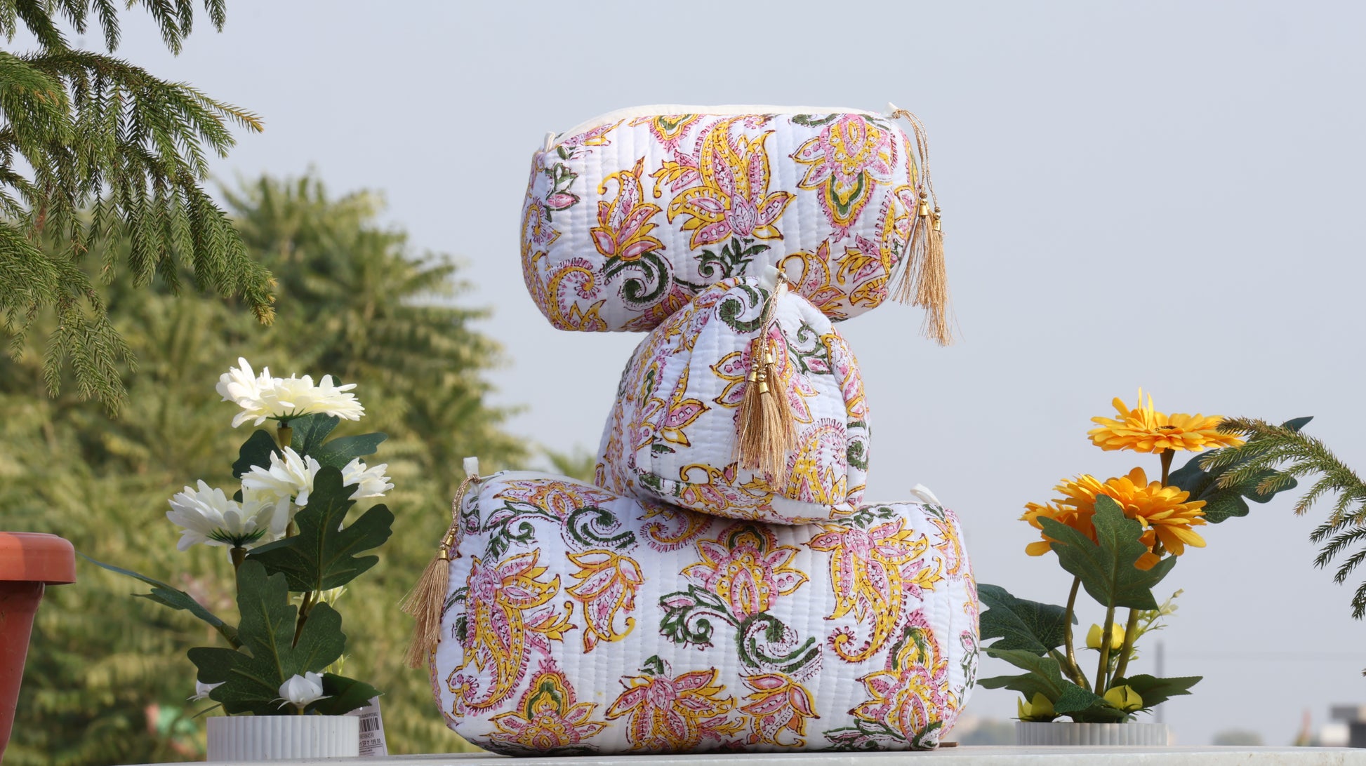 Decorative bag with paisley pattern on a table outdoors