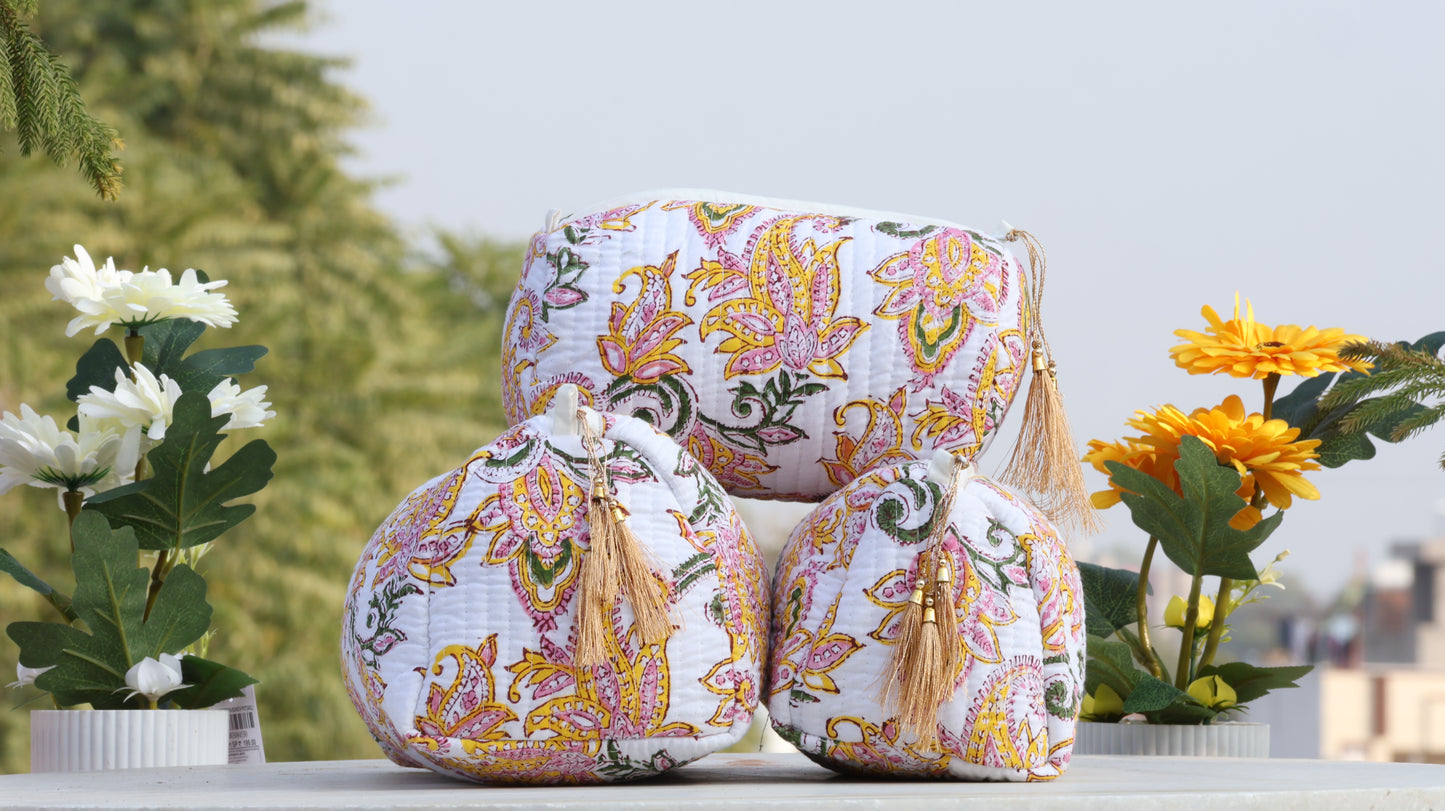 Handcrafted Yellow-Pink Floral Quilted Toiletry Bag – Jaipur Print