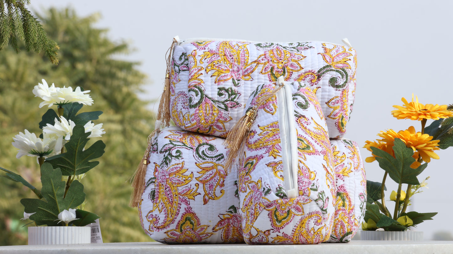 Handcrafted Yellow-Pink Floral Quilted Toiletry Bag – Jaipur Print