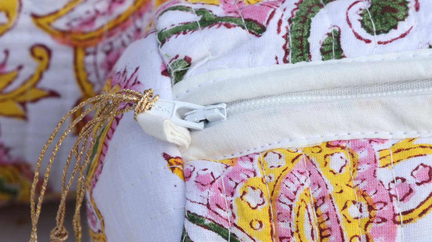 Handcrafted Yellow-Pink Floral Quilted Toiletry Bag – Jaipur Print