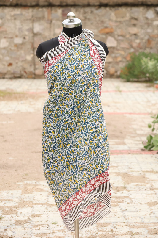 Handblock Printed Cotton Sarong – Blue & Yellow Floral Design with Red Border