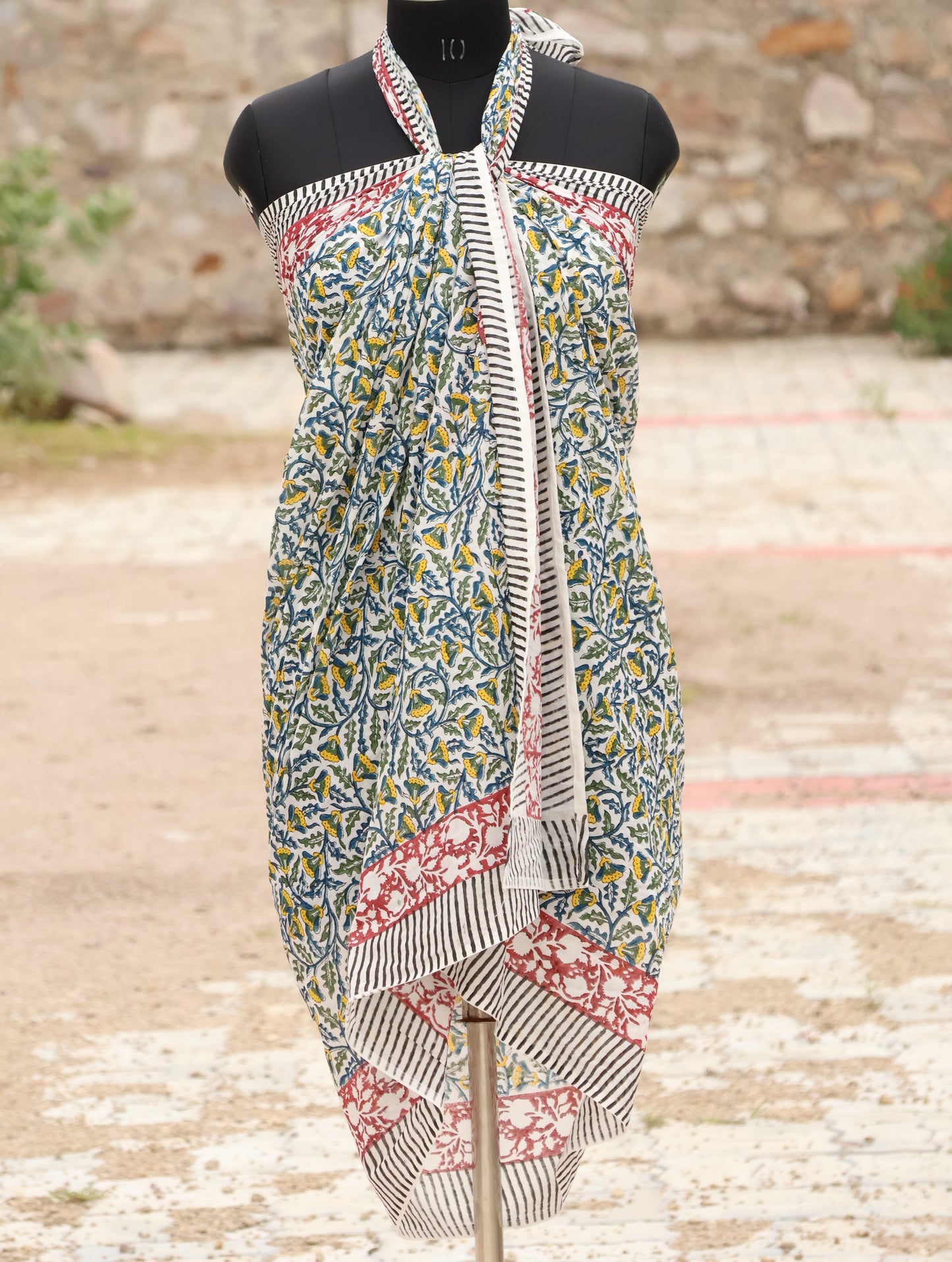 Handblock Printed Cotton Sarong – Blue & Yellow Floral Design with Red Border