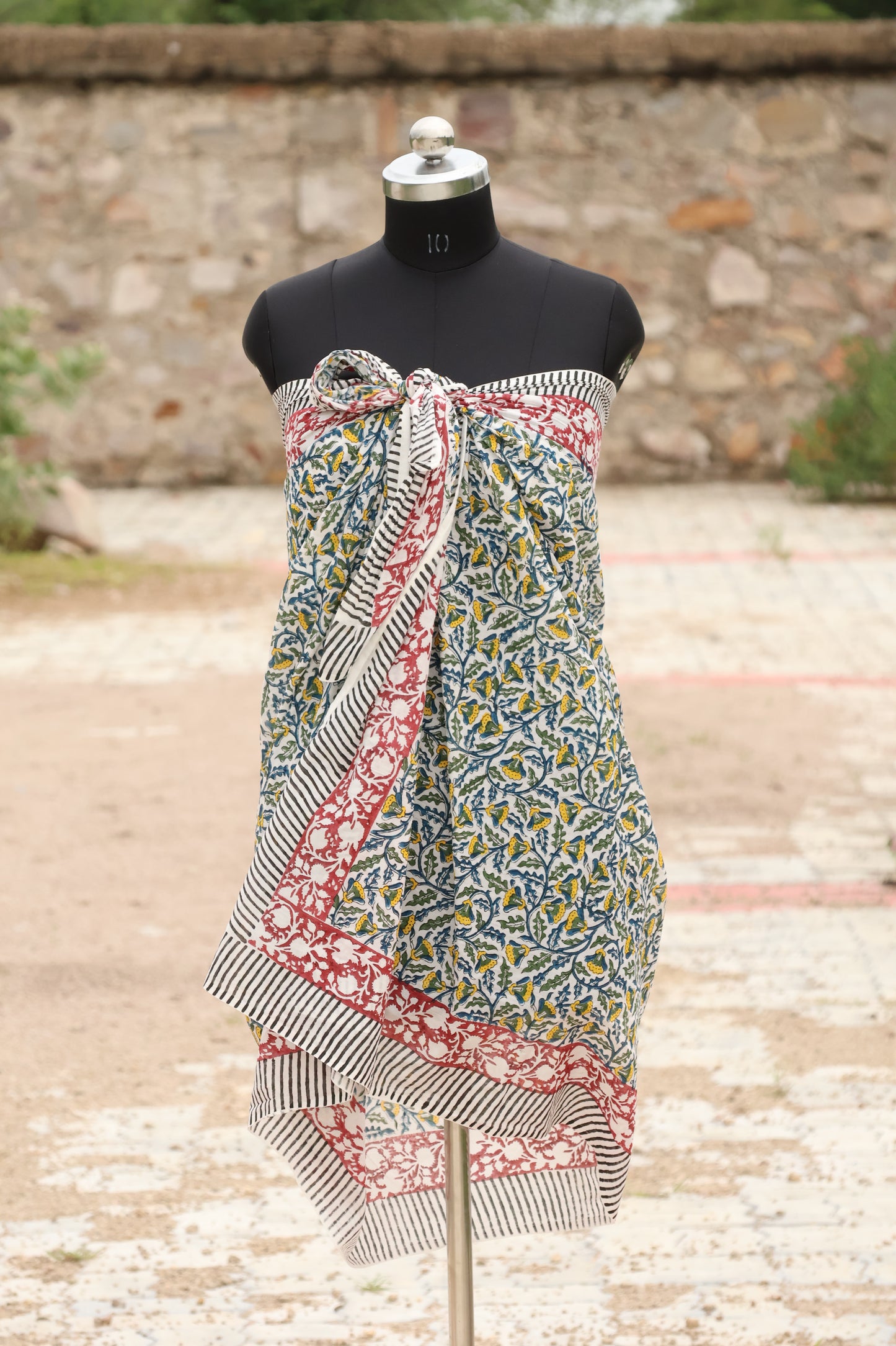 Handblock Printed Cotton Sarong – Blue & Yellow Floral Design with Red Border