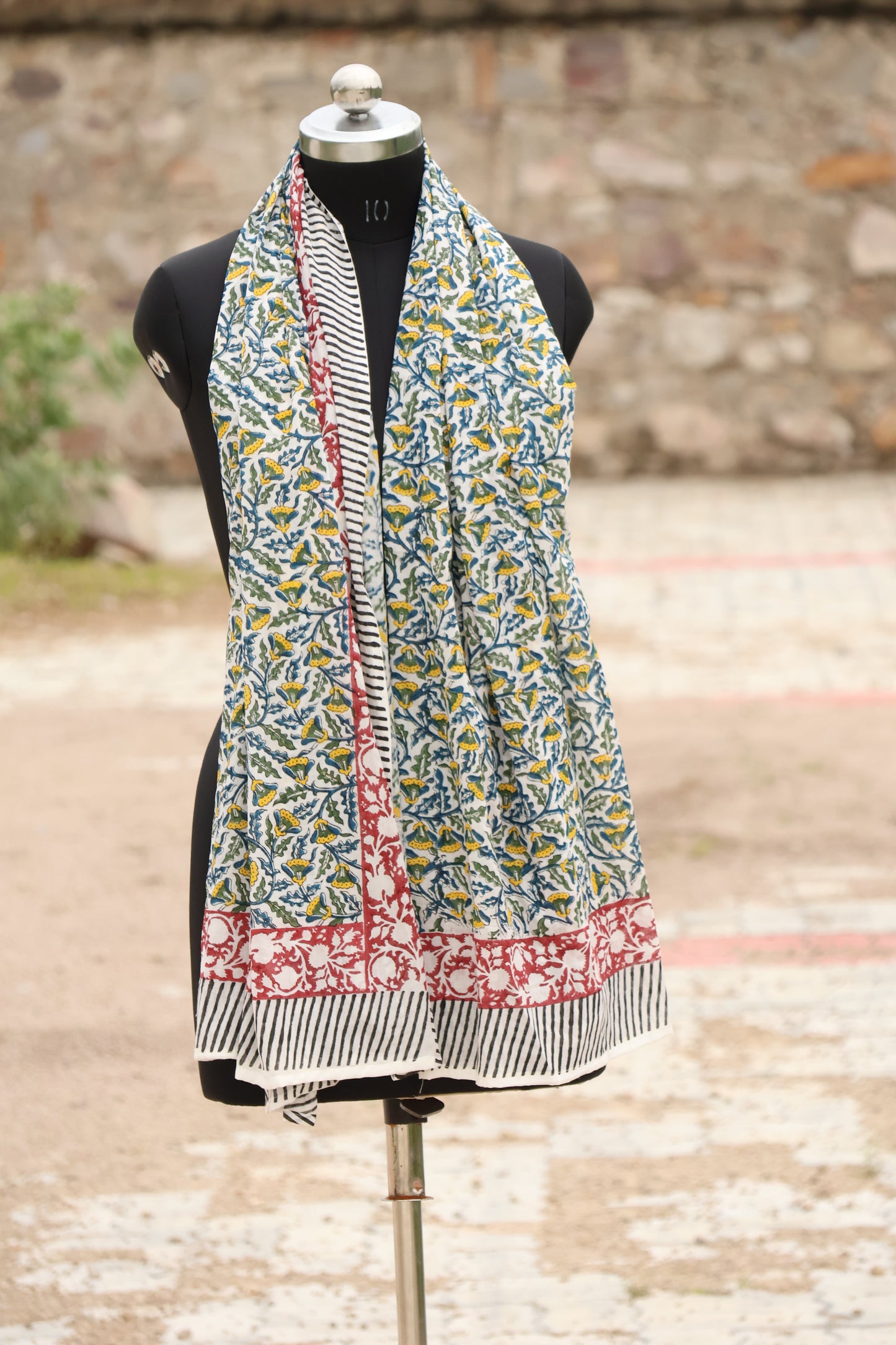 Handblock Printed Cotton Sarong – Blue & Yellow Floral Design with Red Border
