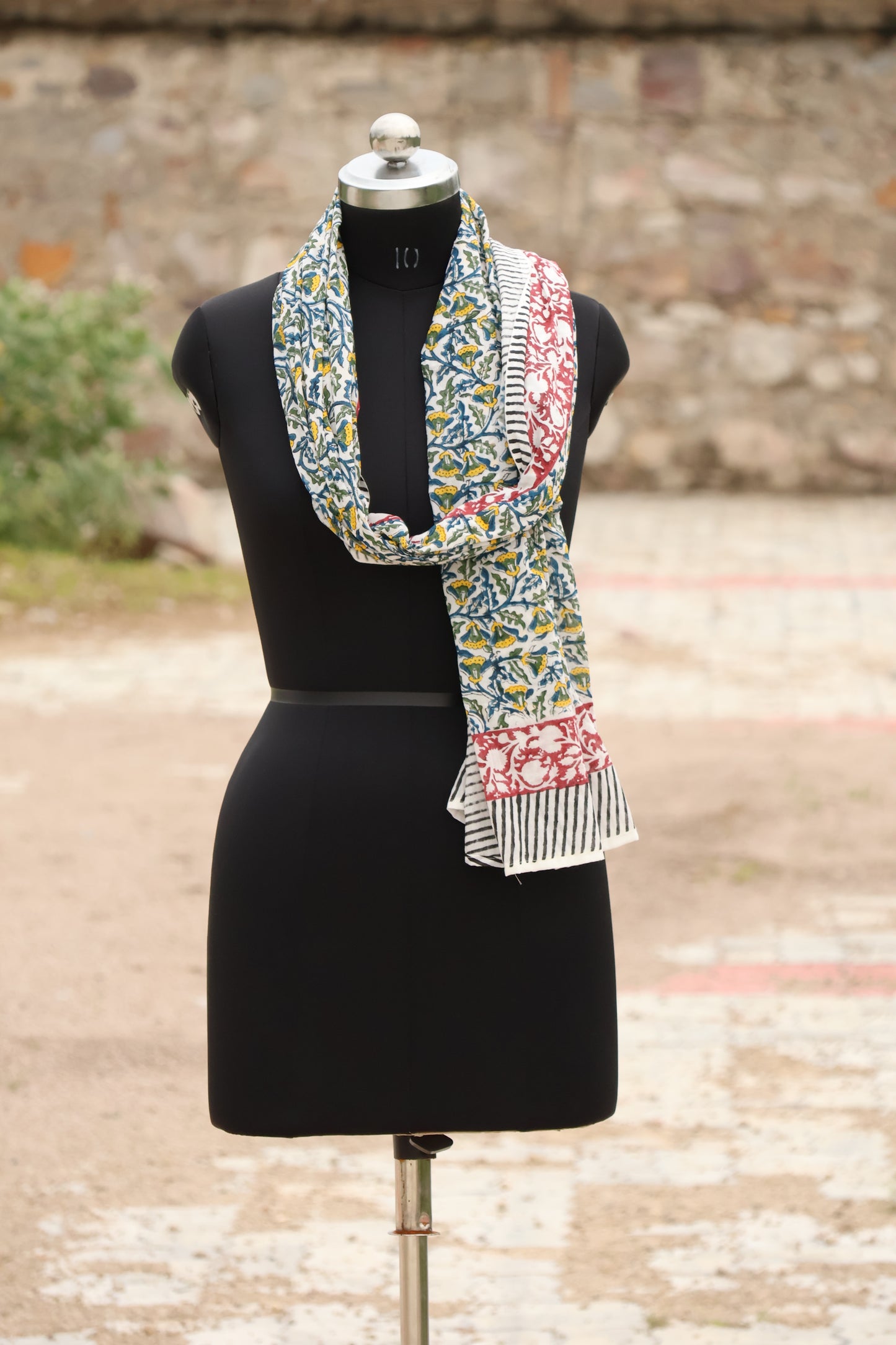 Handblock Printed Cotton Sarong – Blue & Yellow Floral Design with Red Border