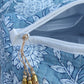 Close-up of blue and white floral block print on quilted cosmetic bag