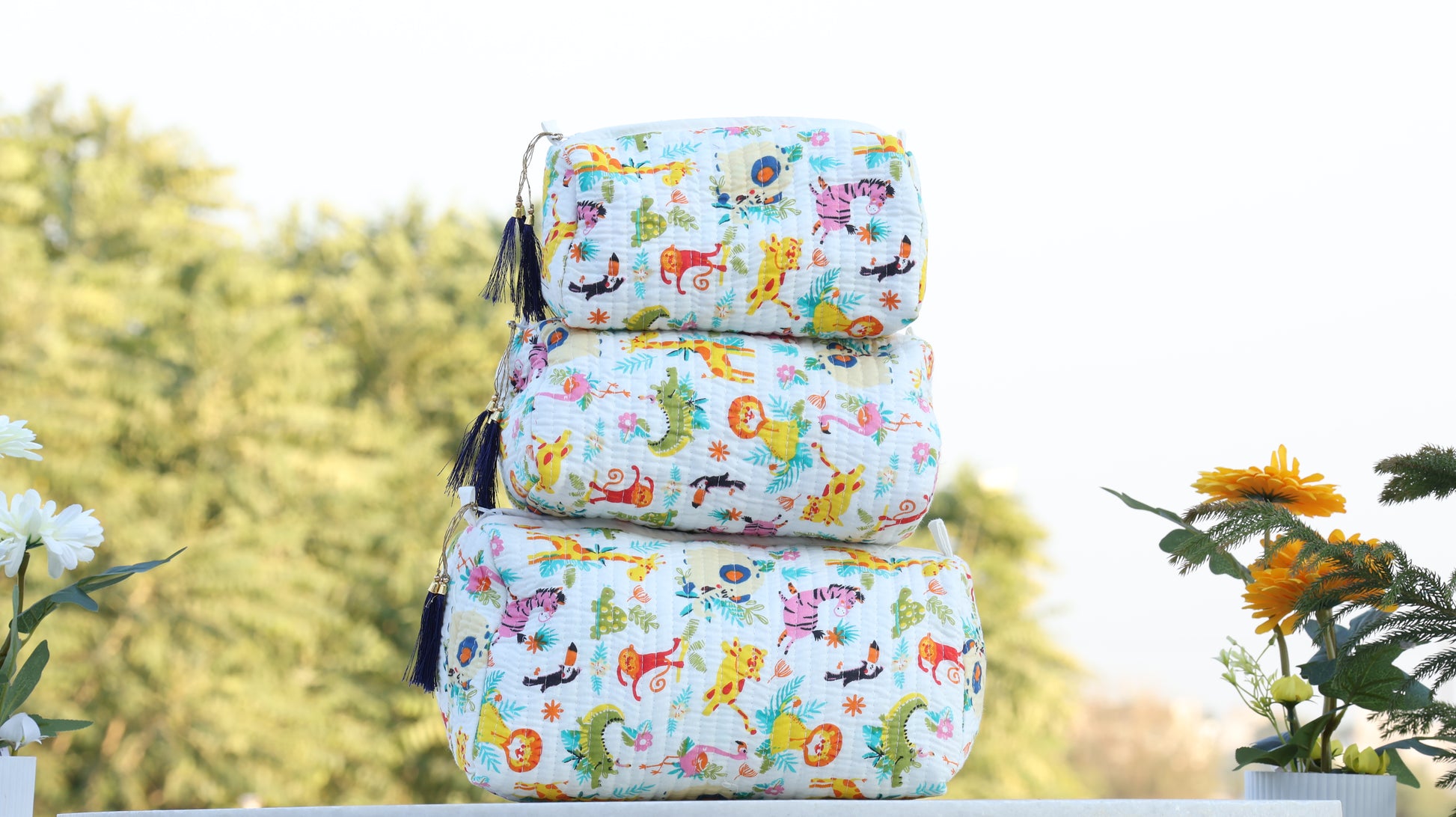 “Kids safari print quilted toiletry bag set – lightweight travel pouches with tassel zip”