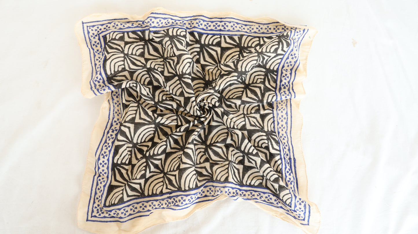 Hand Block Printed Cotton Bandana | Boho Black & White Head Scarf