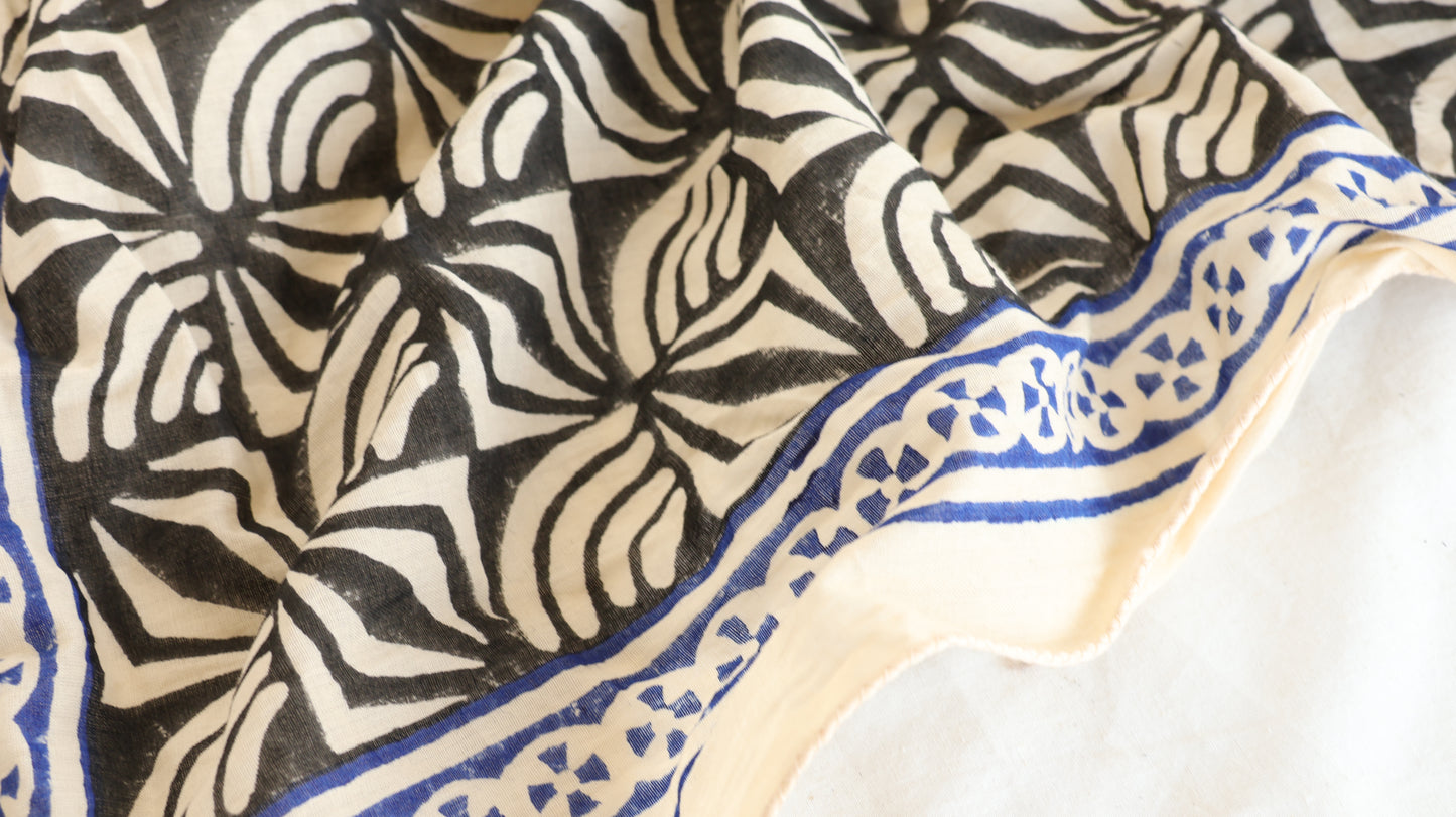 Hand Block Printed Cotton Bandana | Boho Black & White Head Scarf