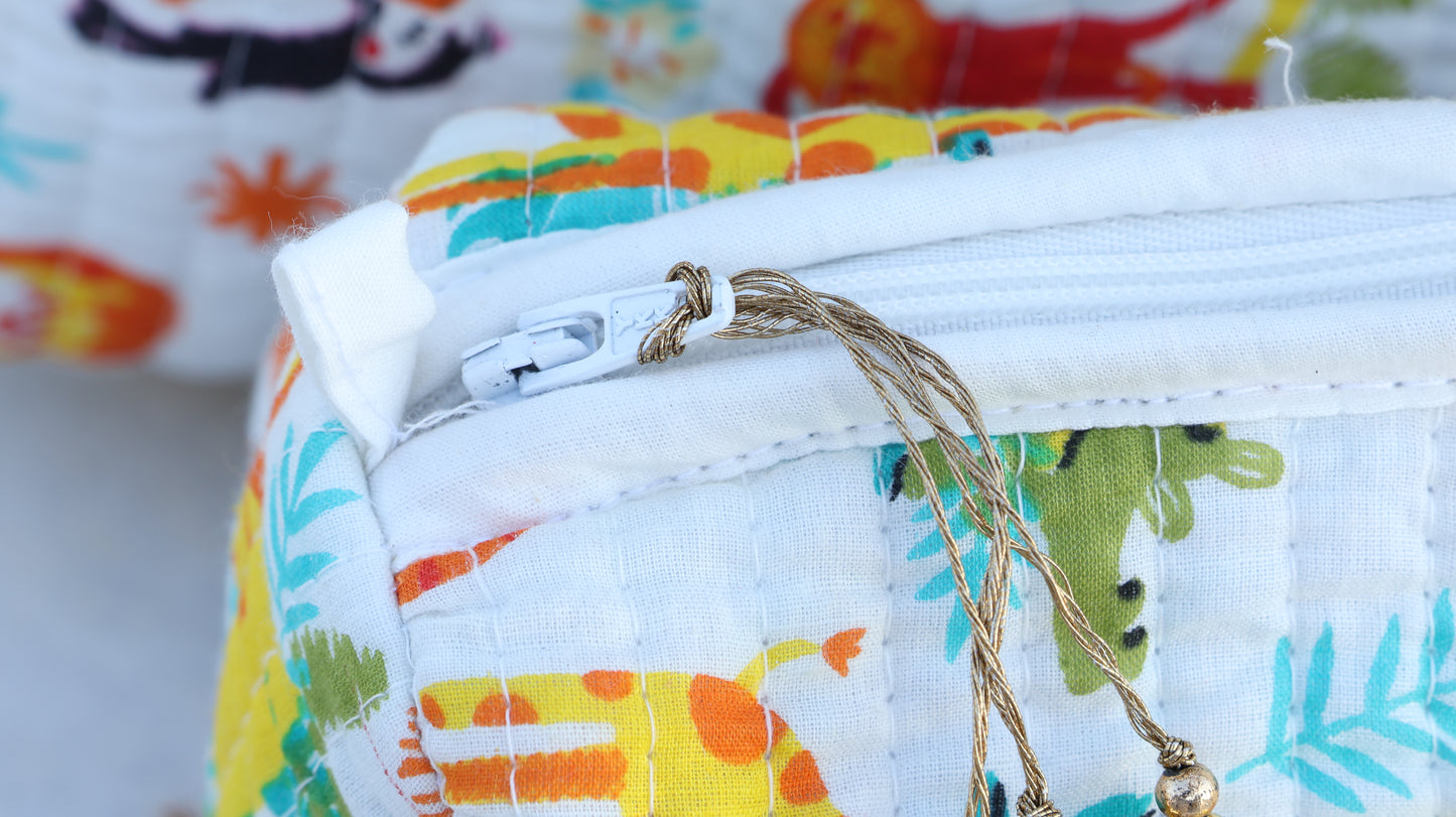 Colorful fabric pouch with a zipper and decorative string, featuring animal prints.