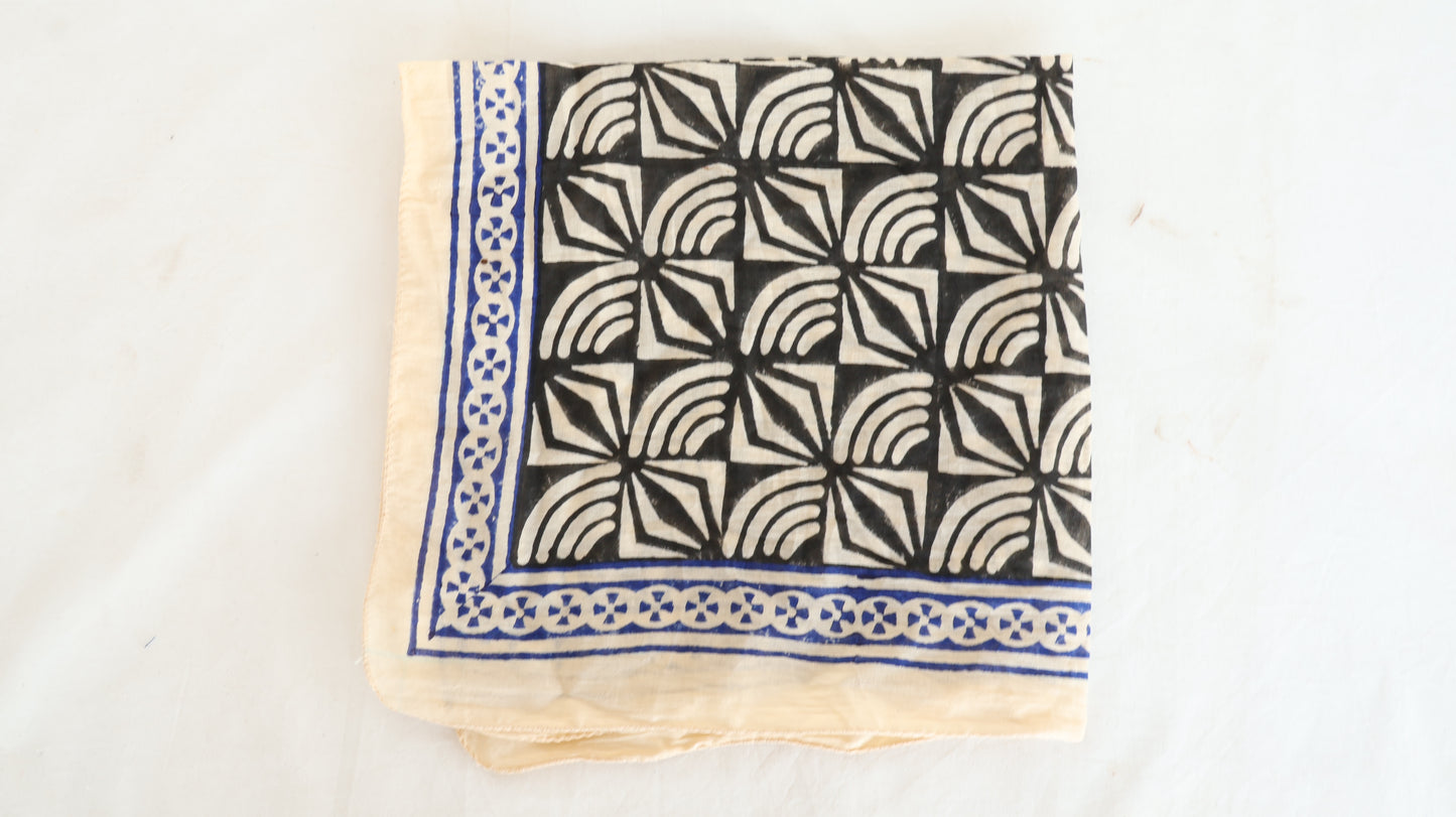 Hand Block Printed Cotton Bandana | Boho Black & White Head Scarf