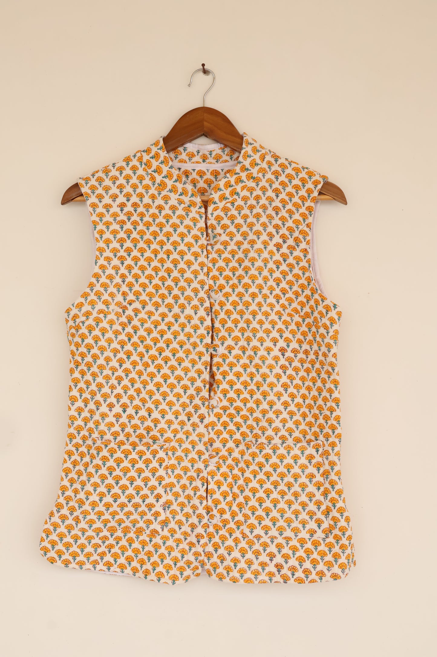 Hand Block Printed Cotton Quilted Jacket – Mustard Floral Motif - Bohoblockprinted