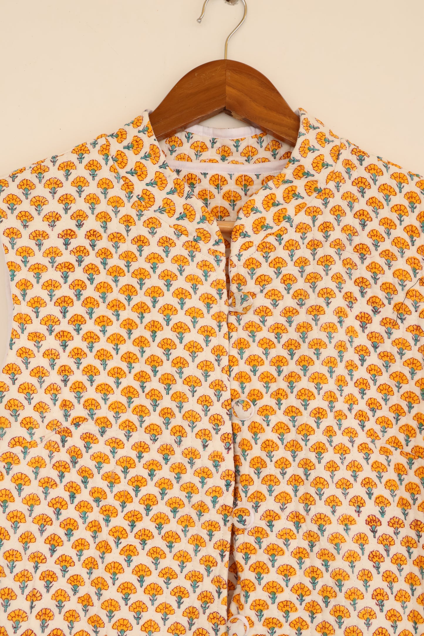 Hand Block Printed Cotton Quilted Jacket – Mustard Floral Motif - Bohoblockprinted