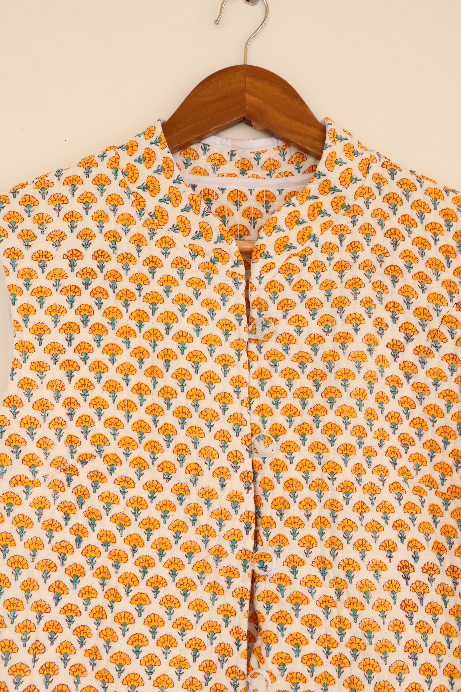 Hand Block Printed Cotton Quilted Jacket – Mustard Floral Motif - Bohoblockprinted