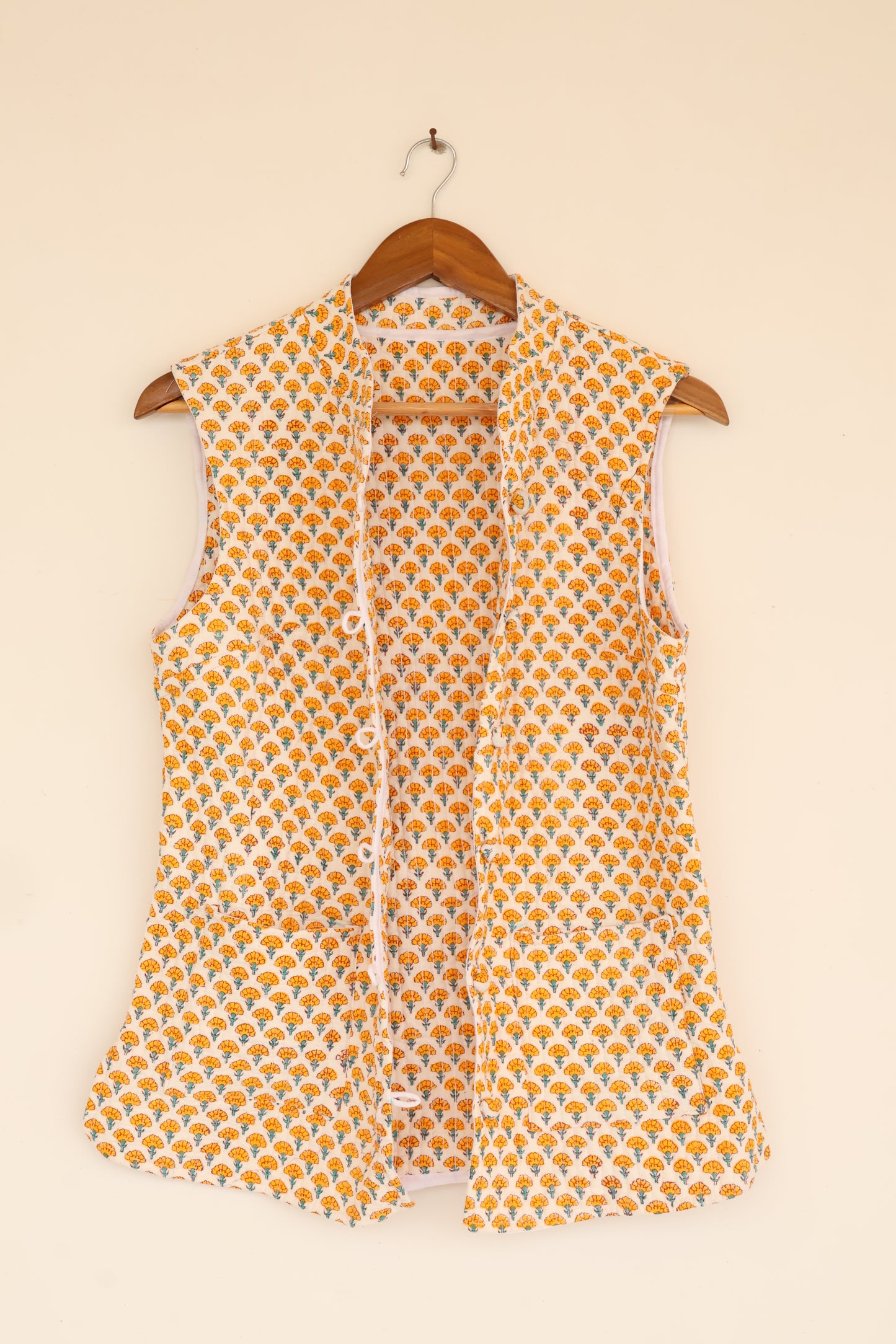 Hand Block Printed Cotton Quilted Jacket – Mustard Floral Motif - Bohoblockprinted