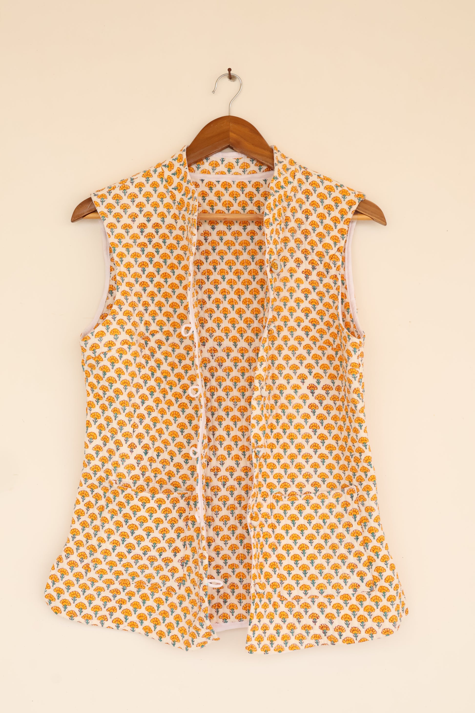 Hand Block Printed Cotton Quilted Jacket – Mustard Floral Motif - Bohoblockprinted