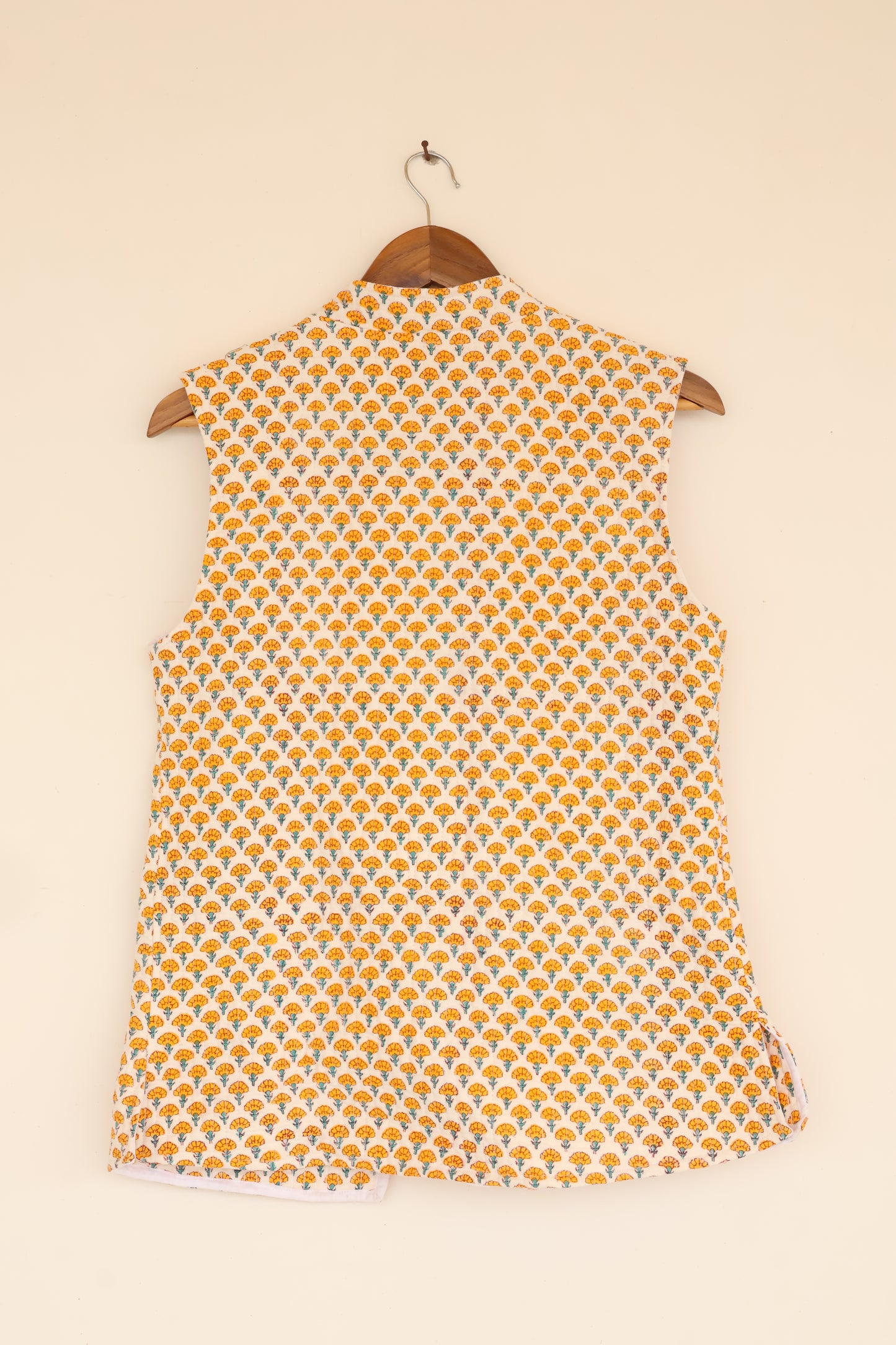 Hand Block Printed Cotton Quilted Jacket – Mustard Floral Motif - Bohoblockprinted