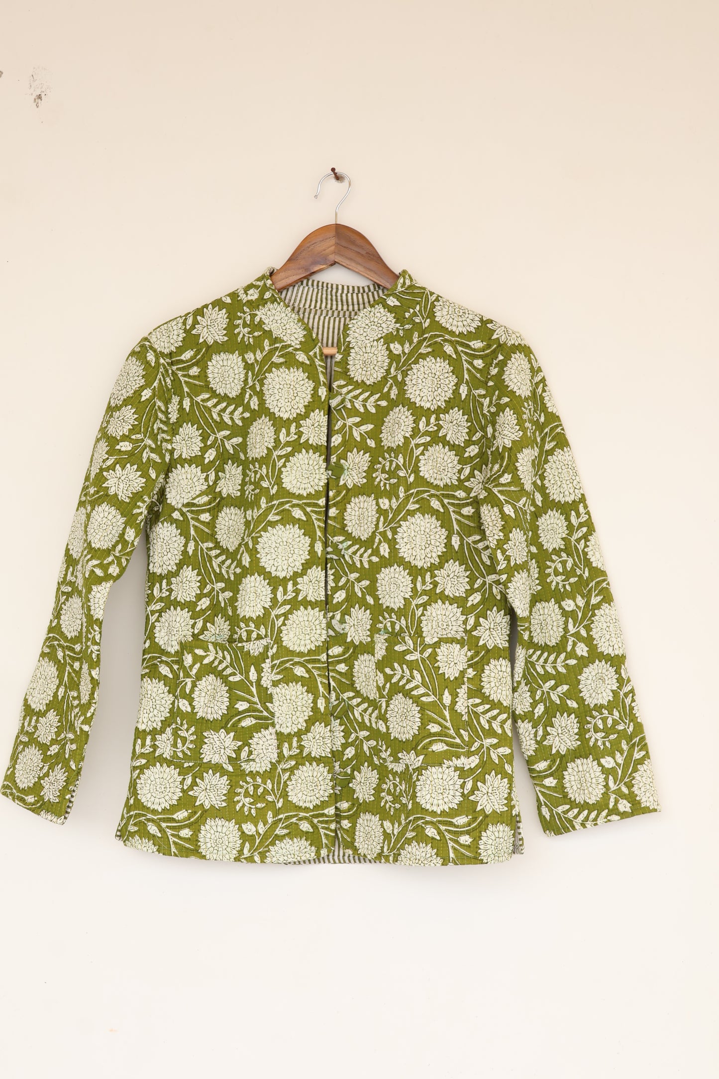 Olive Green Hand Block Printed Cotton Quilted Jacket - Bohoblockprinted