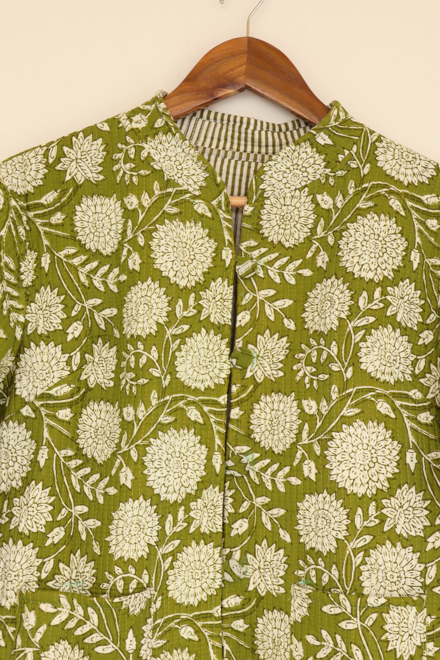 Olive Green Hand Block Printed Cotton Quilted Jacket - Bohoblockprinted