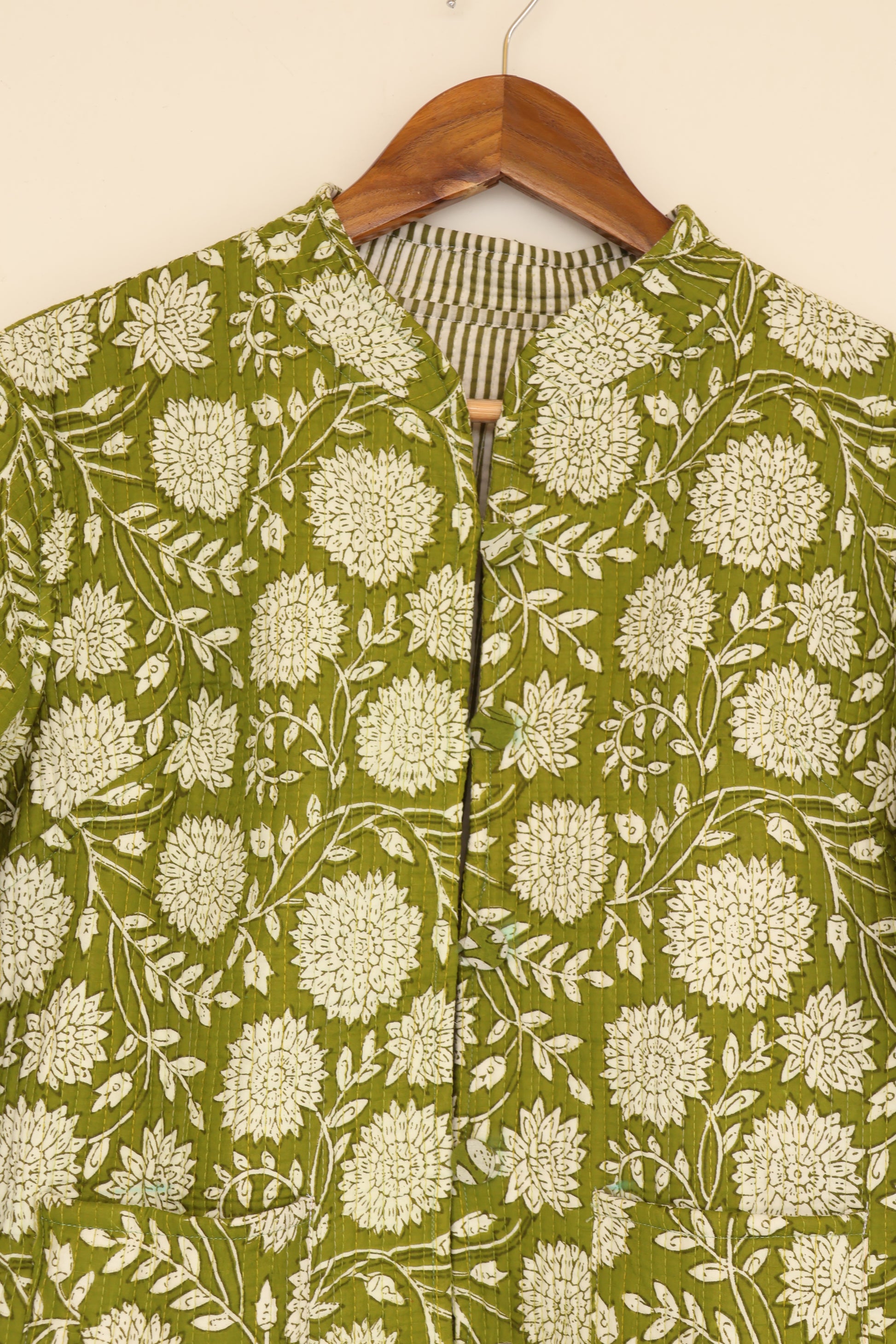 Olive Green Hand Block Printed Cotton Quilted Jacket - Bohoblockprinted