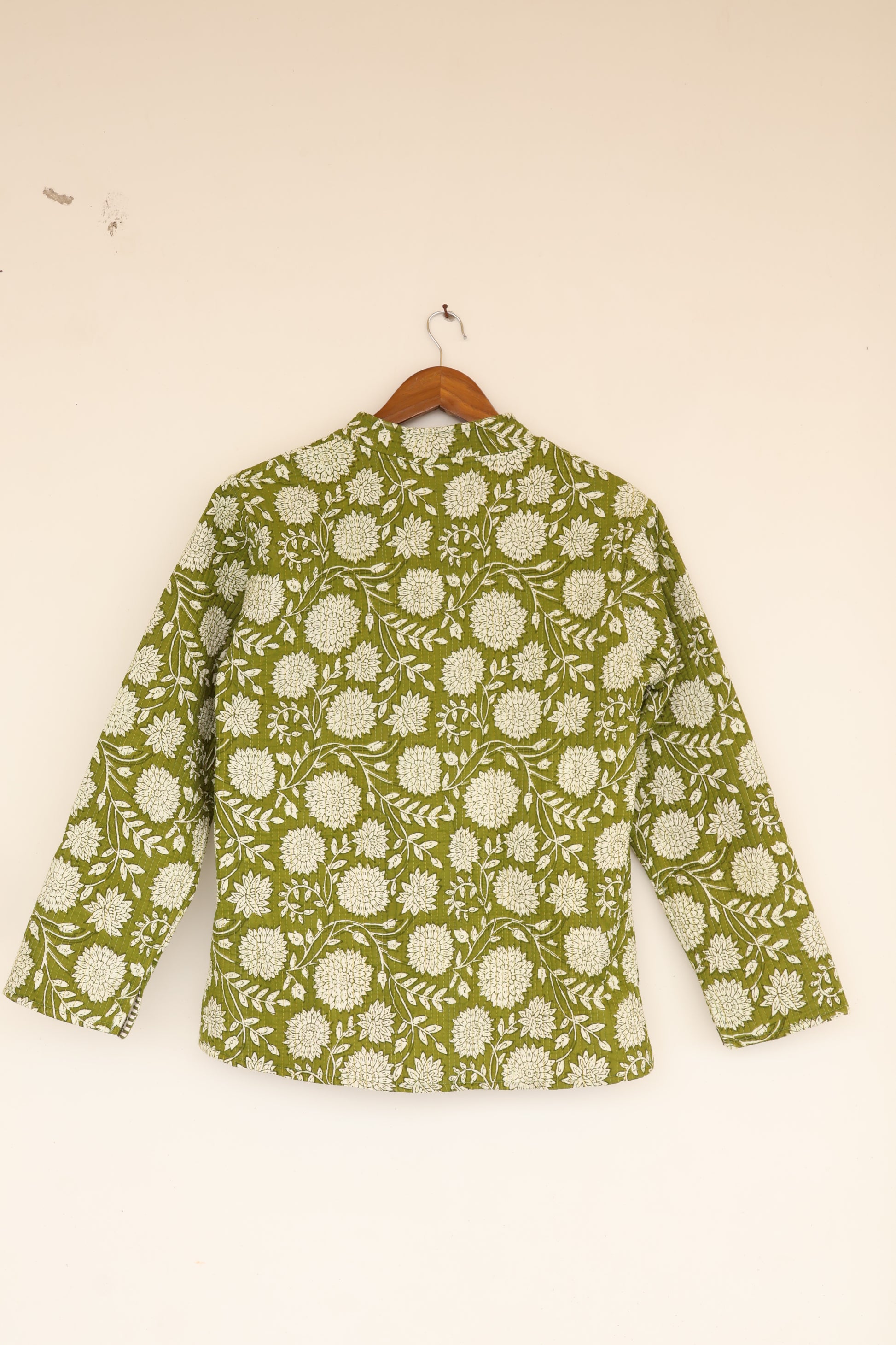 Olive Green Hand Block Printed Cotton Quilted Jacket - Bohoblockprinted