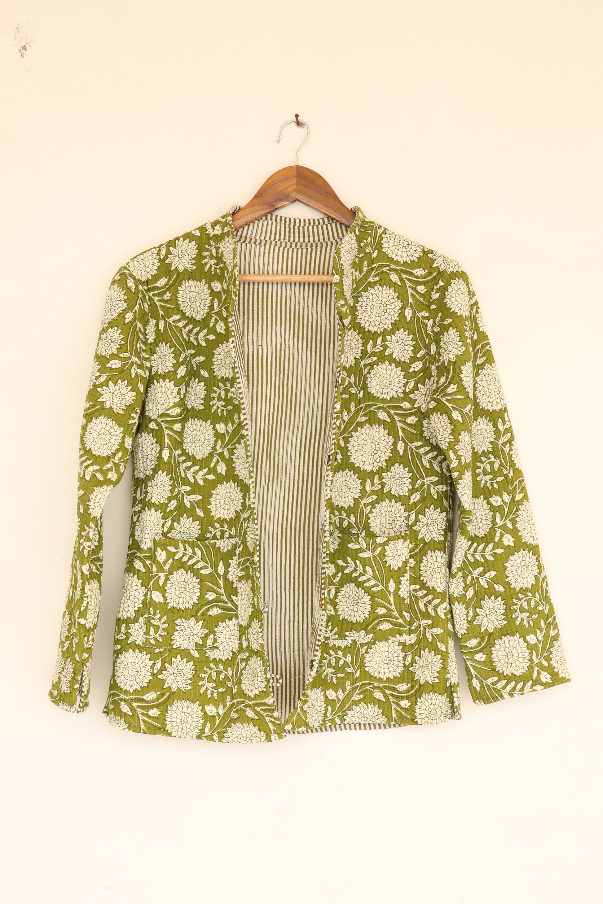 Olive Green Hand Block Printed Cotton Quilted Jacket - Bohoblockprinted