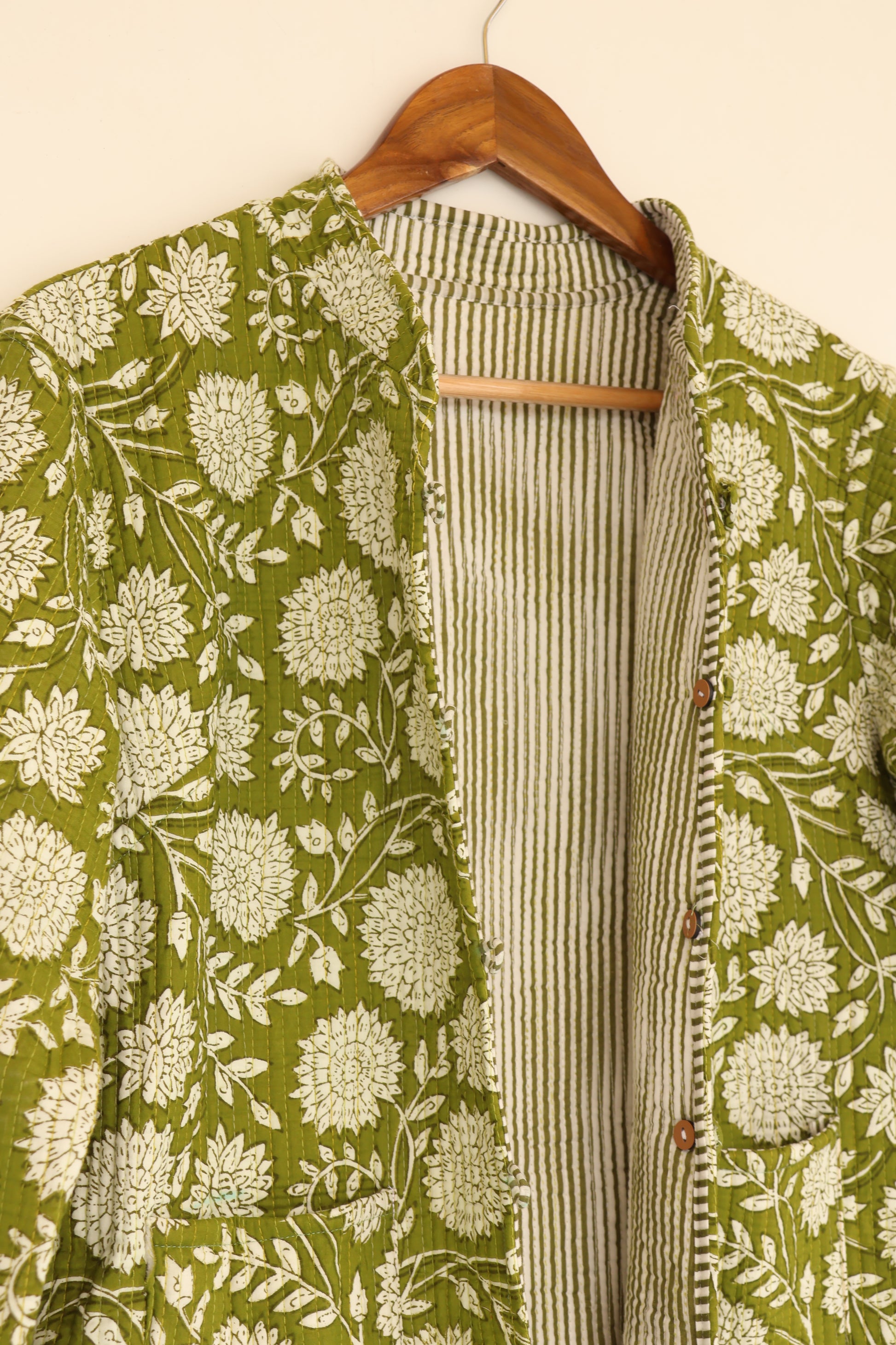 Olive Green Hand Block Printed Cotton Quilted Jacket - Bohoblockprinted